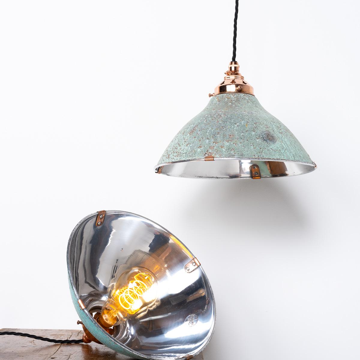 Reclaimed Holophane Verdigris Pendant Lights with Copper Fittings For Sale 1