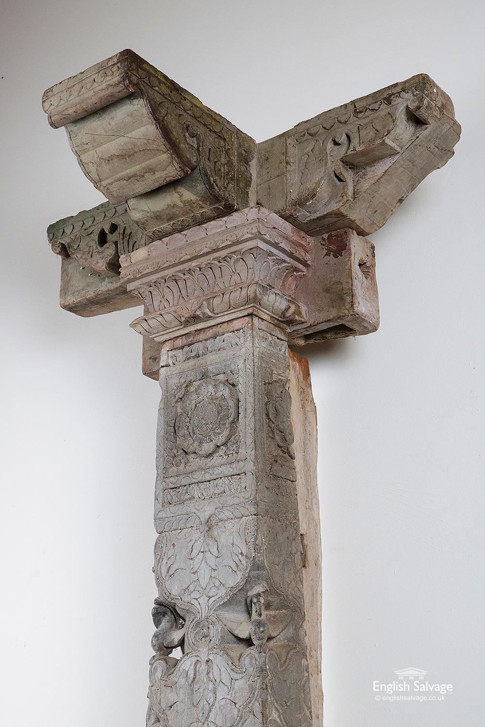 Reclaimed Indian Hardwood Pillar with Carving, 20th Century In Good Condition For Sale In London, GB