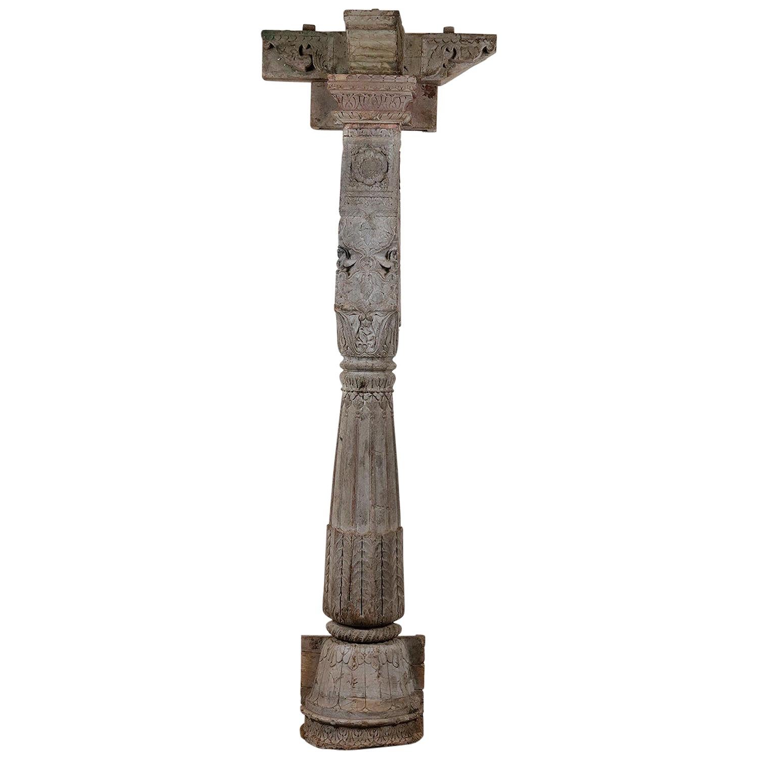 Reclaimed Indian Hardwood Pillar with Carving, 20th Century For Sale