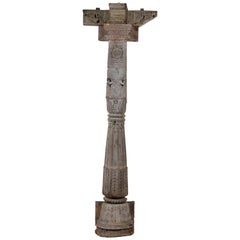Reclaimed Indian Hardwood Pillar with Carving, 20th Century