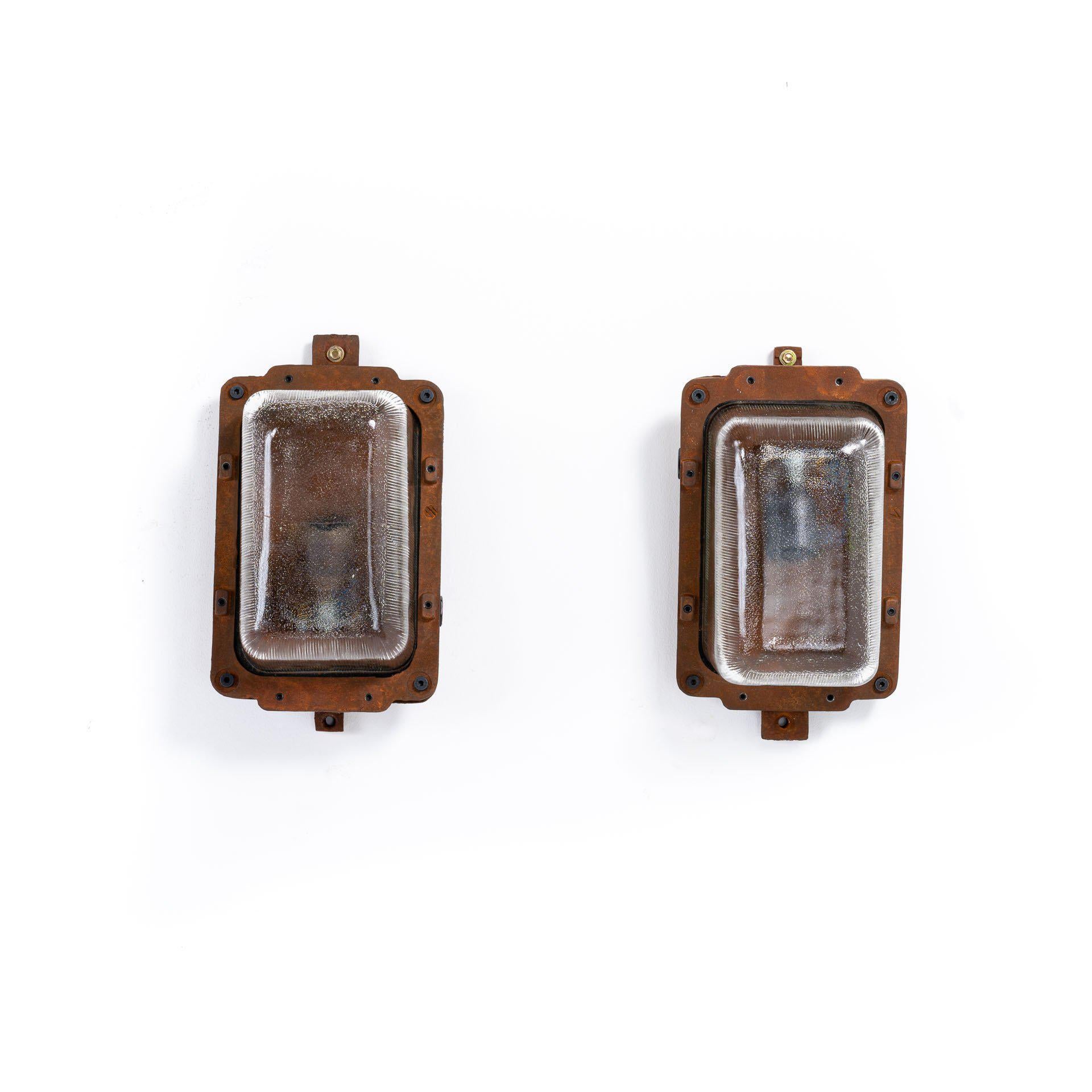 Steel Reclaimed Industrial Angled Wall Lights with Linear Prismatic Glass For Sale