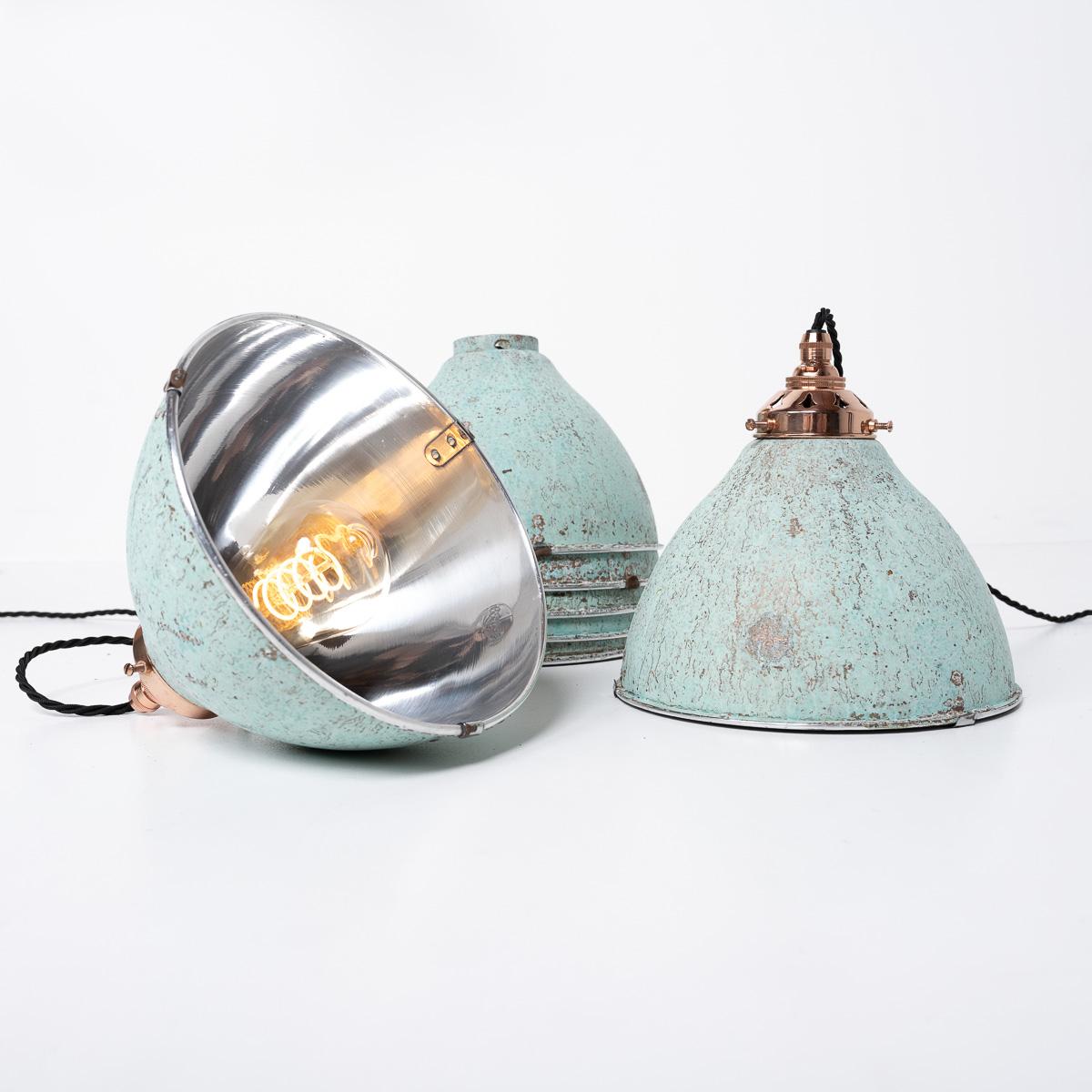 Reclaimed Industrial Holophane Verdigris Coppered Spun Aluminium Pendant Lights For Sale 11