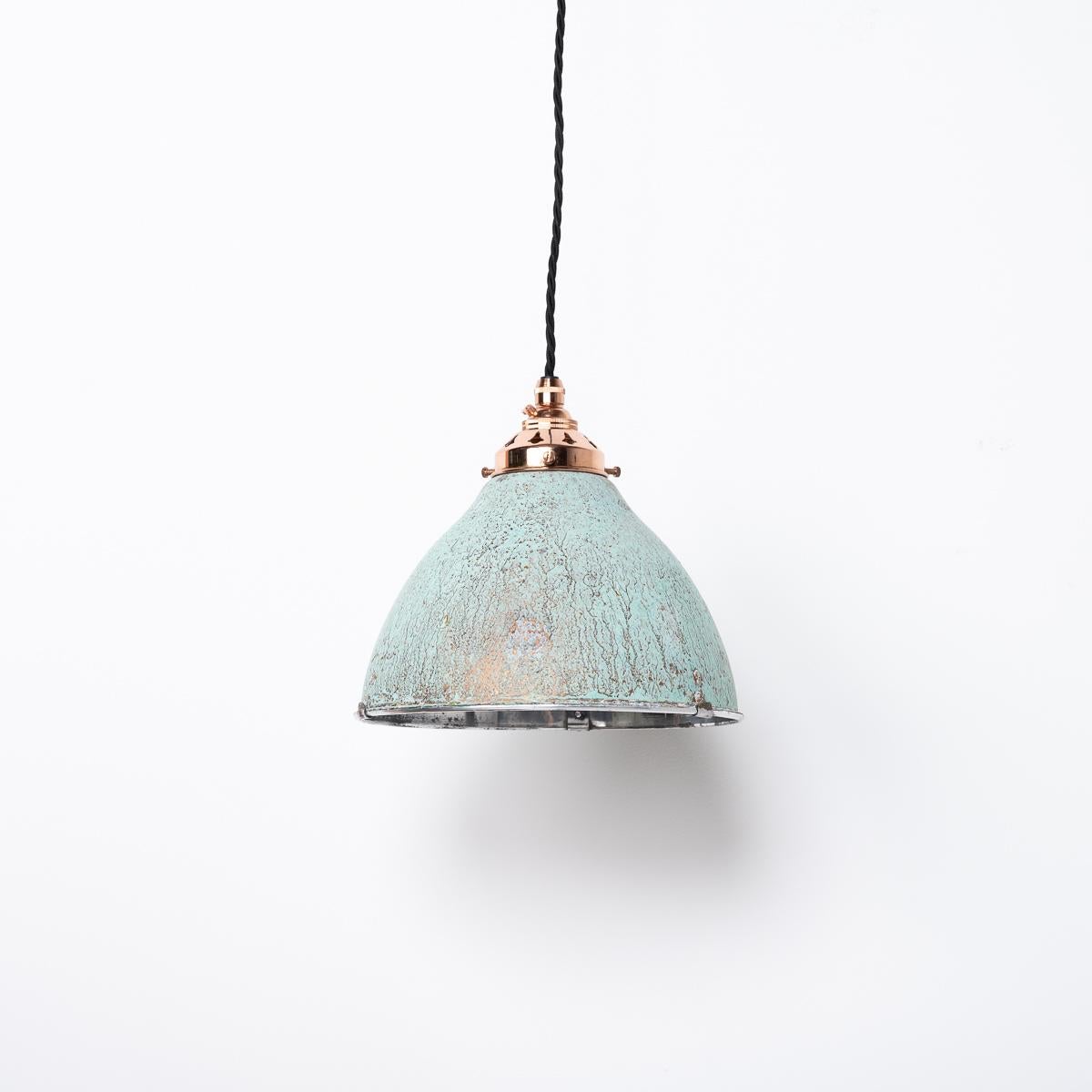 ORIGINAL HOLOPHANE SPUN ALUMINIUM PENDANT LIGHTS
A fab run of vintage Holophane spun aluminium shades with polished copper fittings.

Theses original Holophane shades have been painted on the exterior with a special copper based paint and then aged