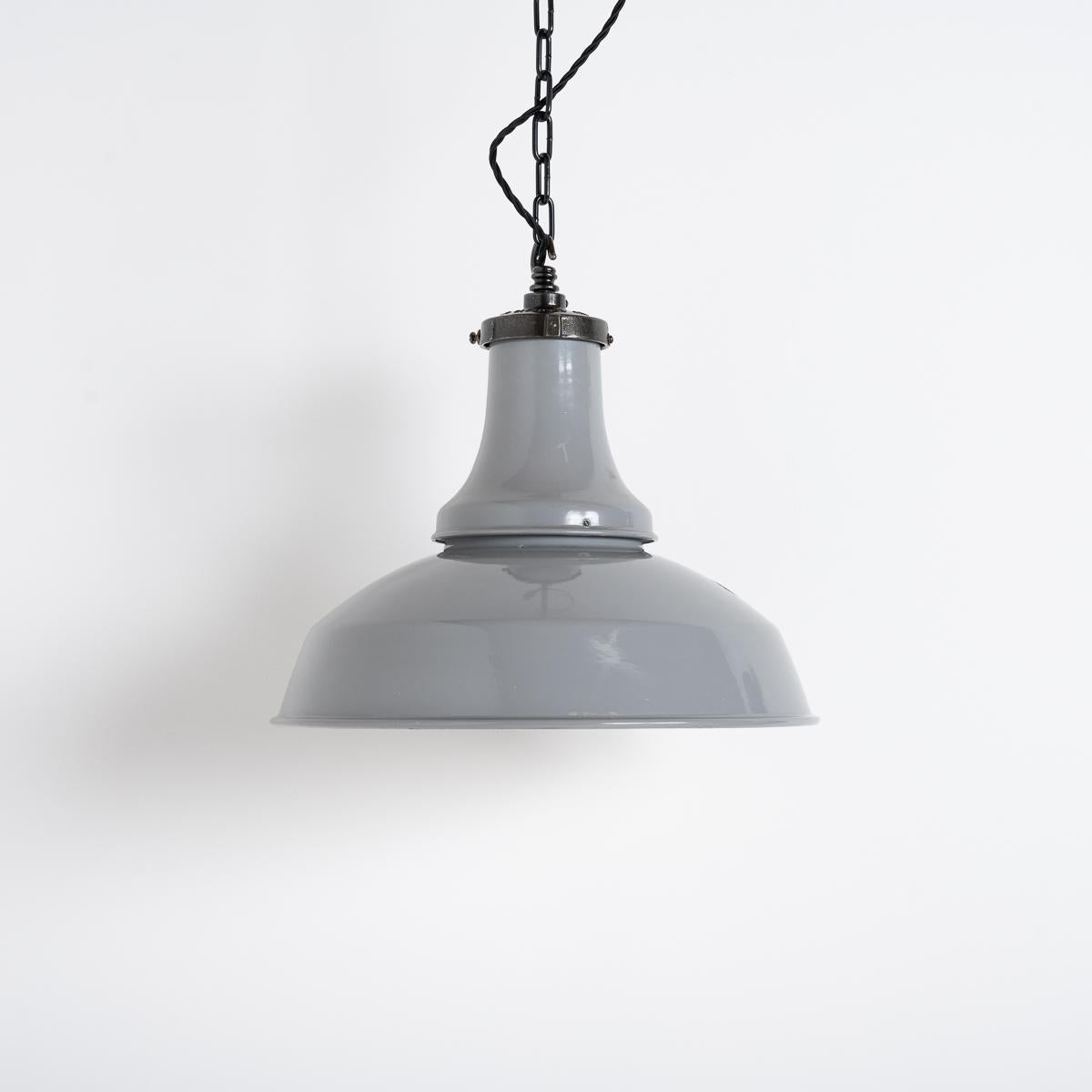 Spun Reclaimed Industrial Vitreous Enamelled Pendant Lights by Benjamin Electric For Sale