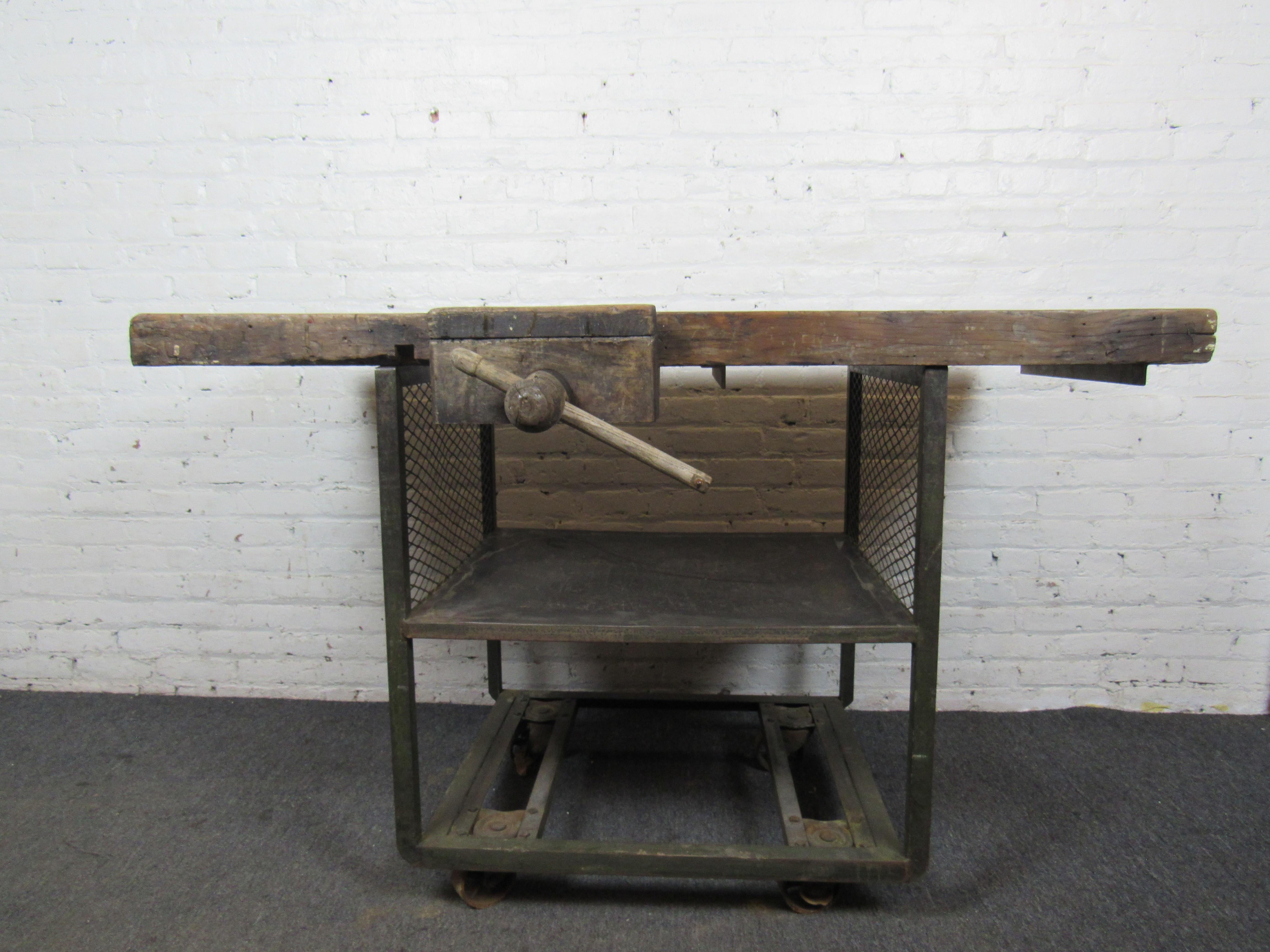 Unique multi-purpose work table with working vice on wheels. Can be used as an actual work table or in the kitchen for a cooking surface or perhaps a bar.
(Please confirm item location - NY or NJ - with dealer).
 