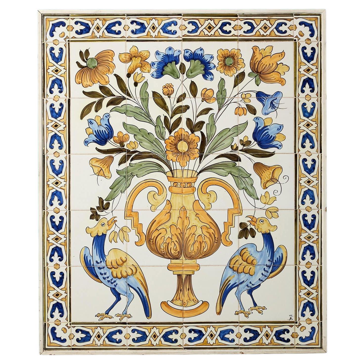 Panneau carrelé à cadre floral de style italien récupéré