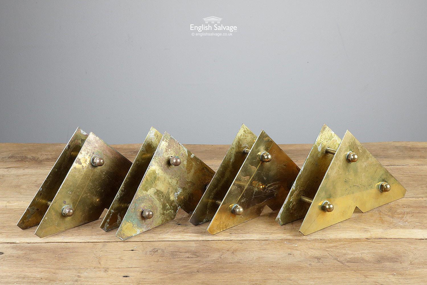 Set of brass door corner plates, four pairs in total. Some tarnishing to the brass as shown in photos. These would be suitable for a door with a thickness of 4cm maximum using the 7mm diameter bolts provided.