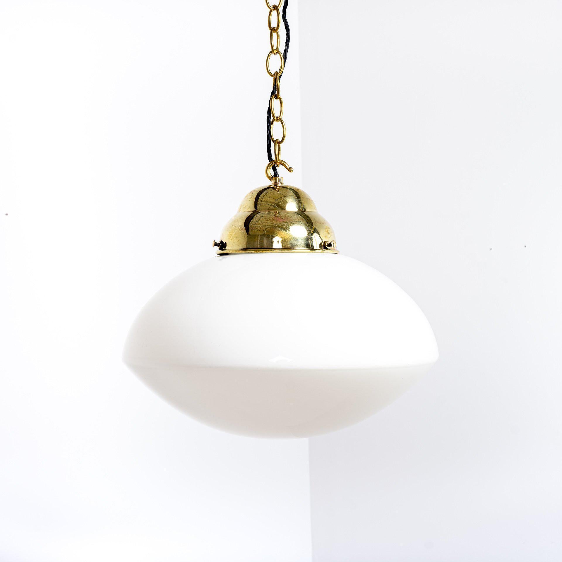 Reclaimed Large Ovaloid Opaline Factory Pendant Lights For Sale 3