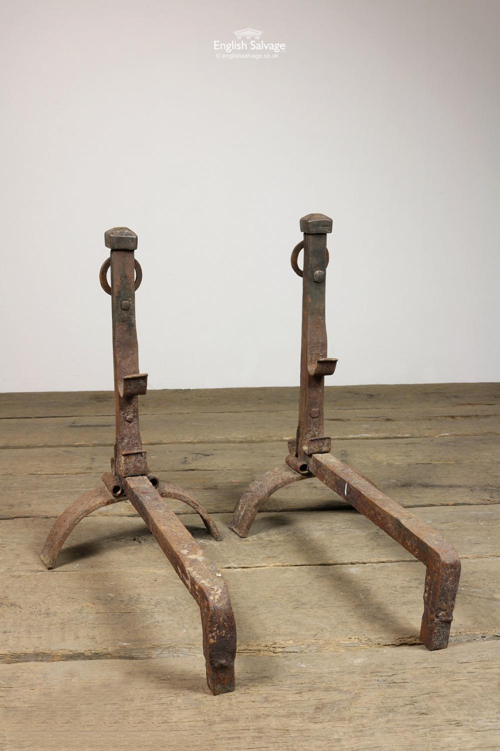 Reclaimed Large Wrought Ring Pull Fire Dogs, 20th Century In Good Condition For Sale In London, GB
