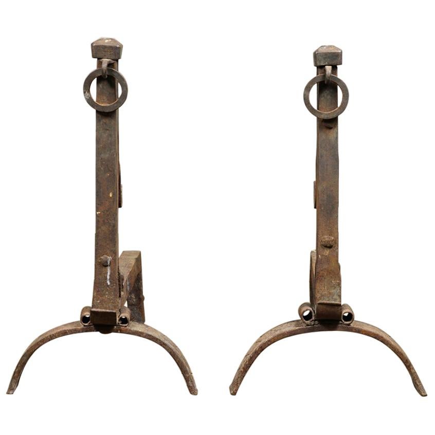 Reclaimed Large Wrought Ring Pull Fire Dogs, 20th Century For Sale