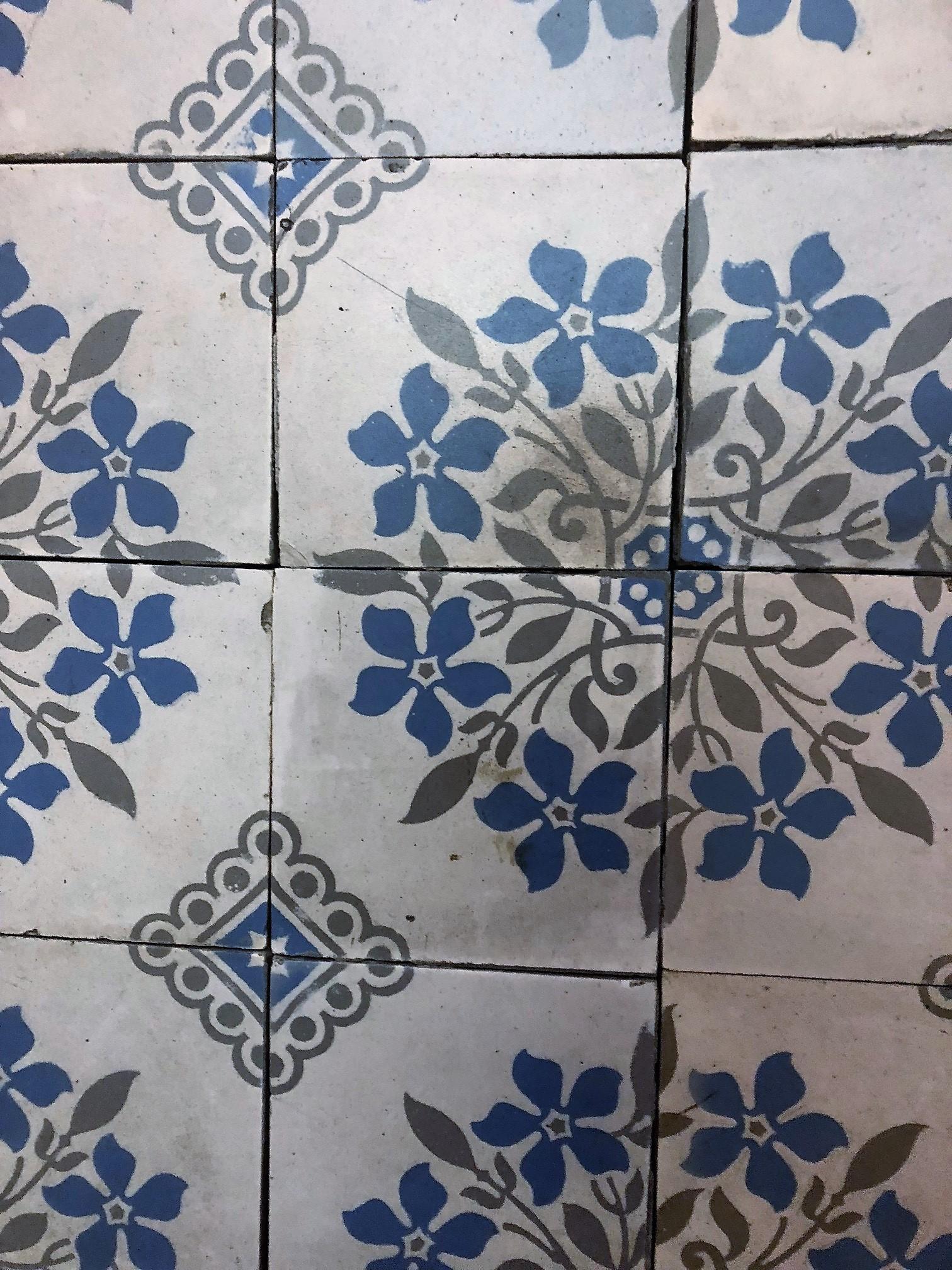 Beautiful, hand-painted, reclaimed antique, cement tile flooring was imported from France. 

circa 1890.


 