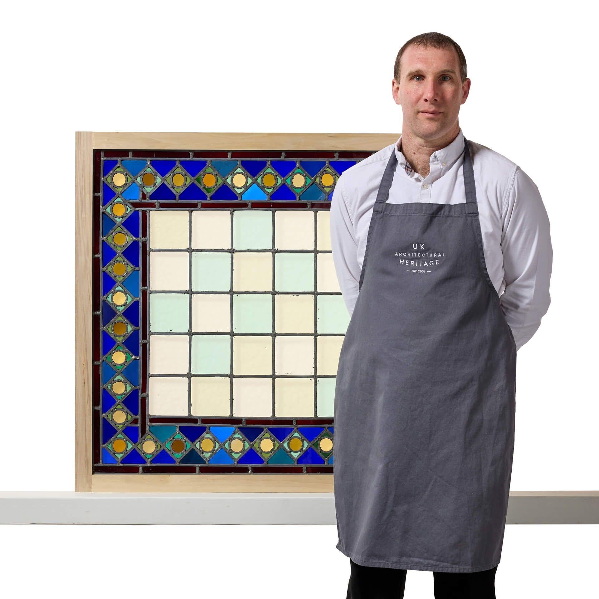 A reclaimed medieval style square stained glass window, one of three similar in the same design in different sizes we are selling.
 
This stained and leaded glass panel will make a beautiful feature window in homes modern and traditional alike with