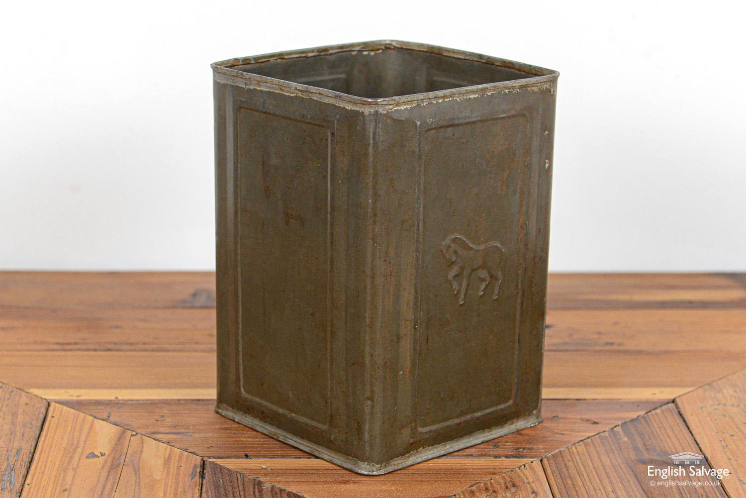 Reclaimed storage tin made of metal with horse motif.