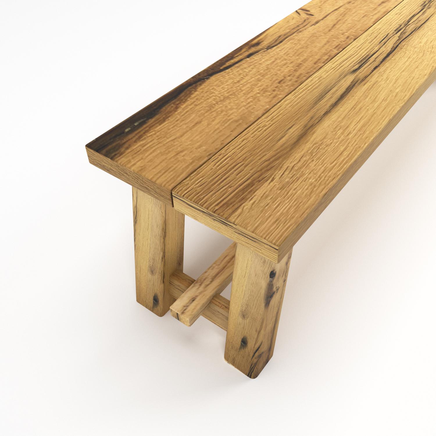 Enjoy a unique dining experience with the Reclaimed Oak Bench. It is crafted from reclaimed massive oak wood, with its origins dating back to the 1830s. The oak's natural wood and beautiful grain makes the bench a stunning addition to any home.

All