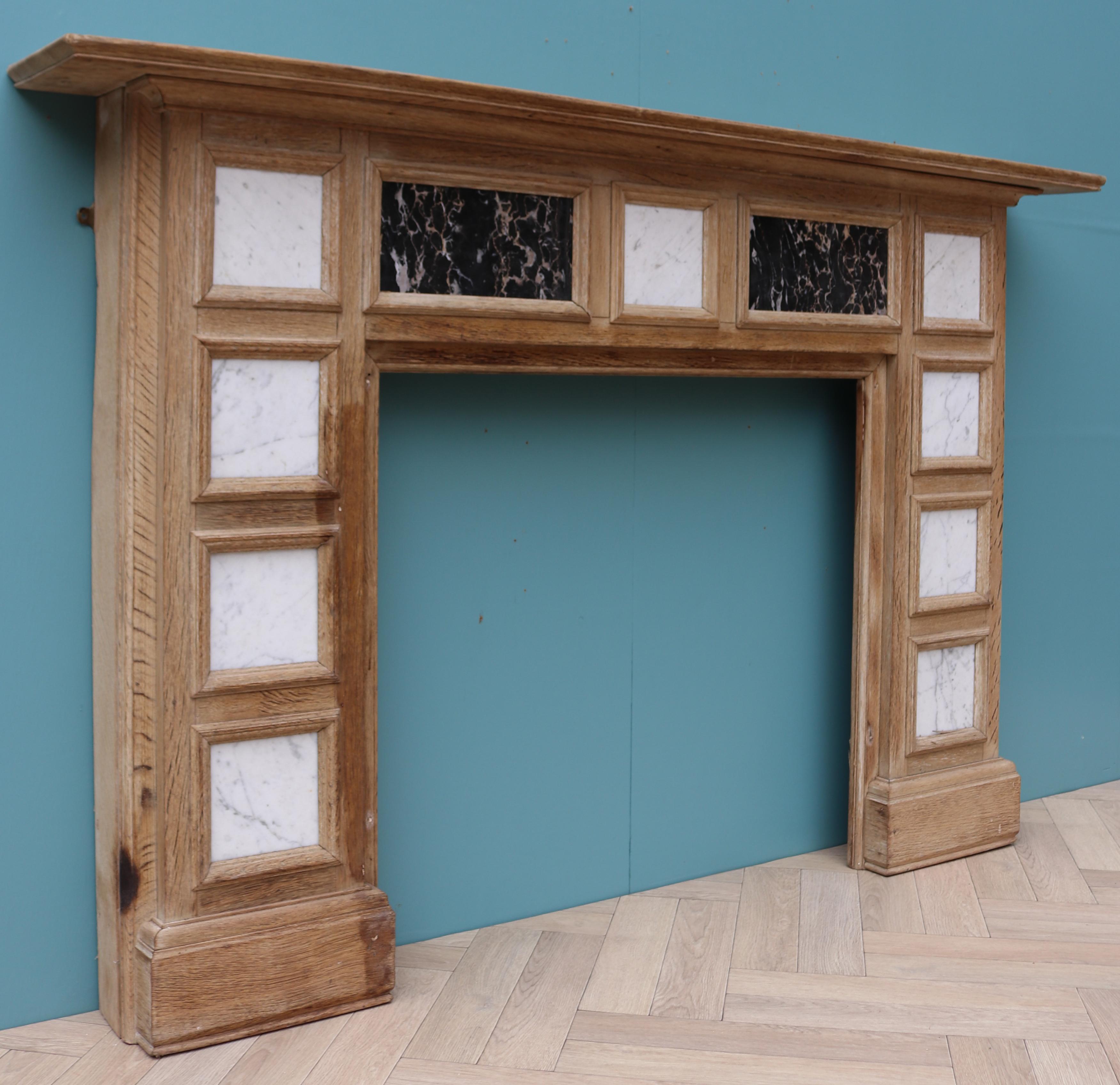 Reclaimed Oak Mantel with Marble Panels In Fair Condition For Sale In Wormelow, Herefordshire