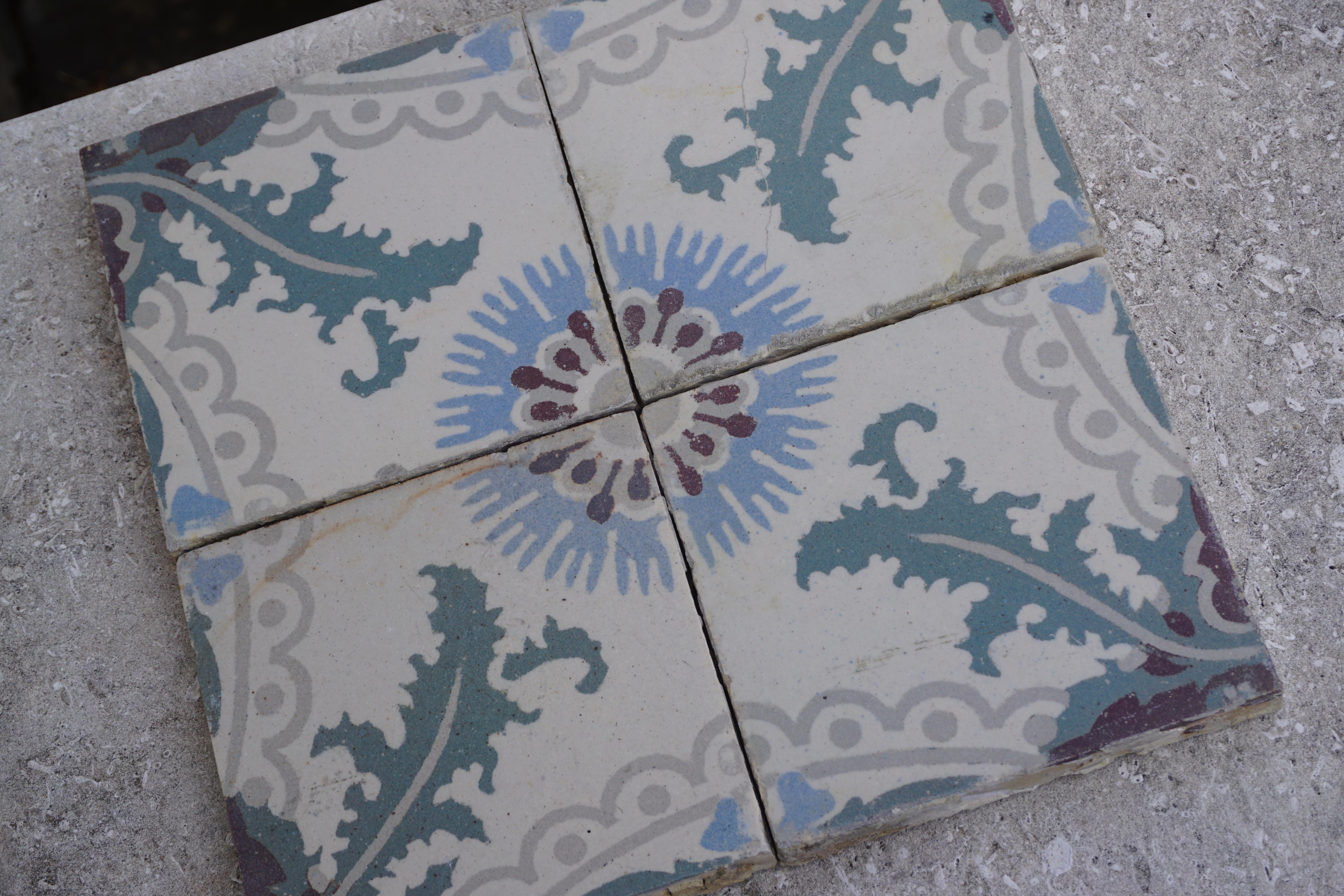 Reclaimed Painted Tiles from France In Good Condition In Dallas, TX