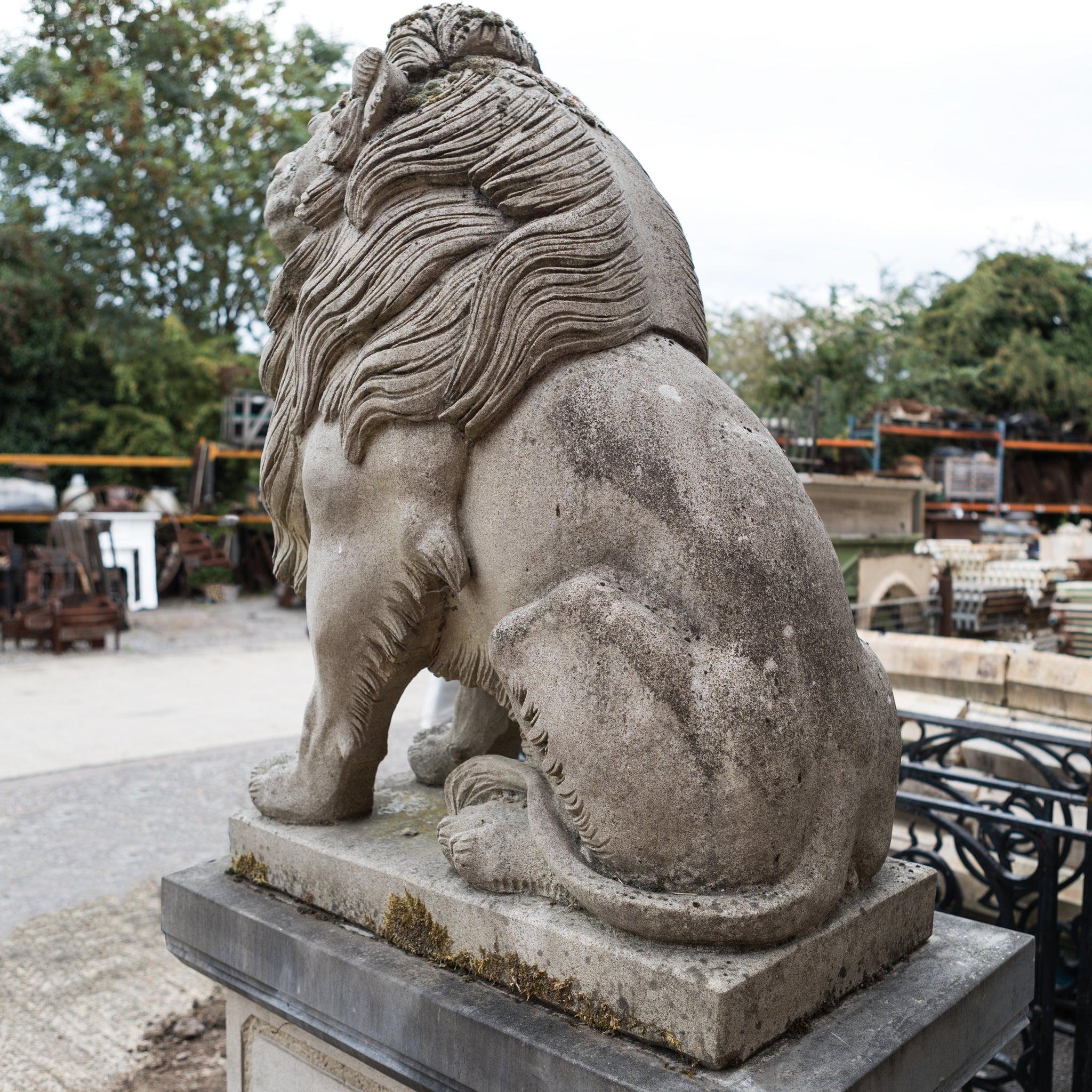English Reclaimed Pair of Monumental Stone Lions on their own Plinth For Sale