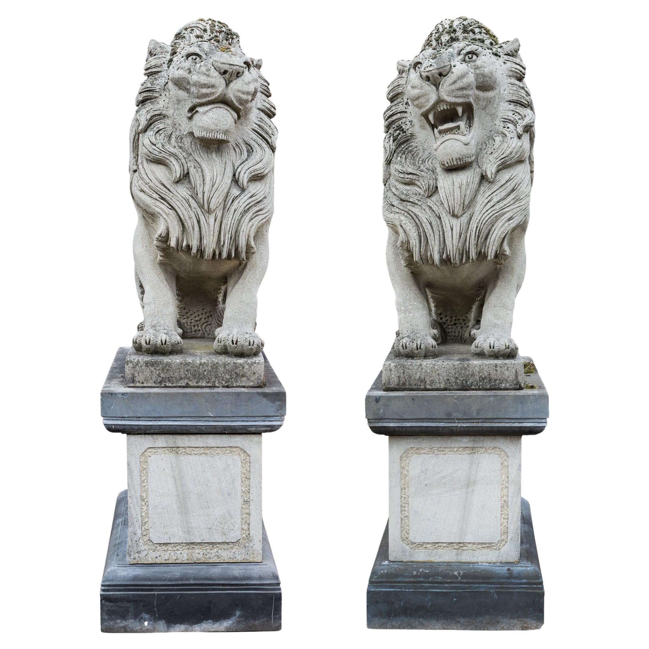 Reclaimed Pair of Monumental Stone Lions on their own Plinth For Sale