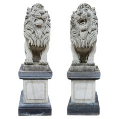 Reclaimed Pair of Monumental Stone Lions on their own Plinth