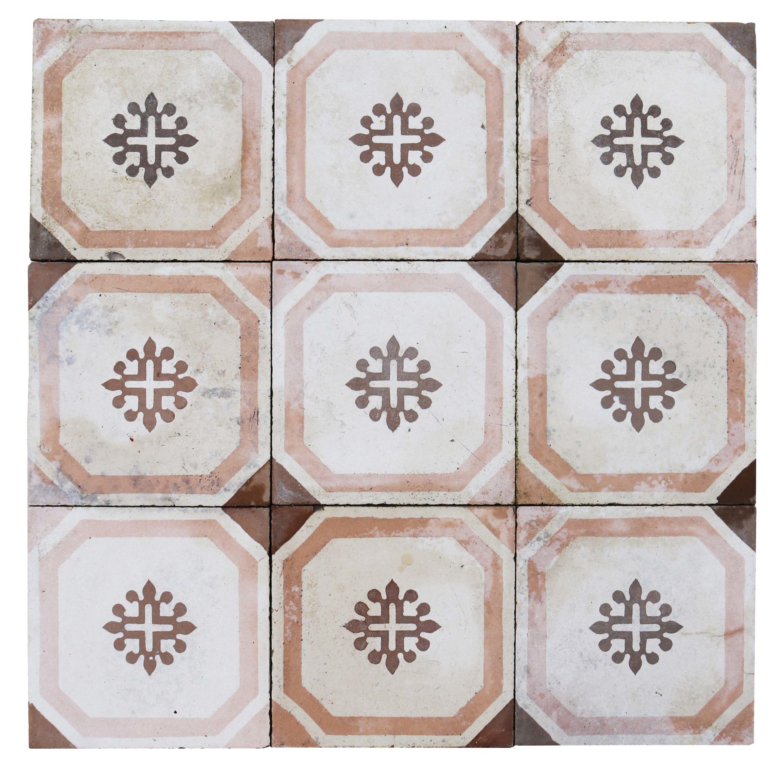A batch of reclaimed patterned cement floor tiles. This batch will cover six and a half square meters.

A useful size batch of reclaimed Spanish pattered tiles. These are suitable for use on floors, walls, splash-backs, etc. 163 tiles in total.