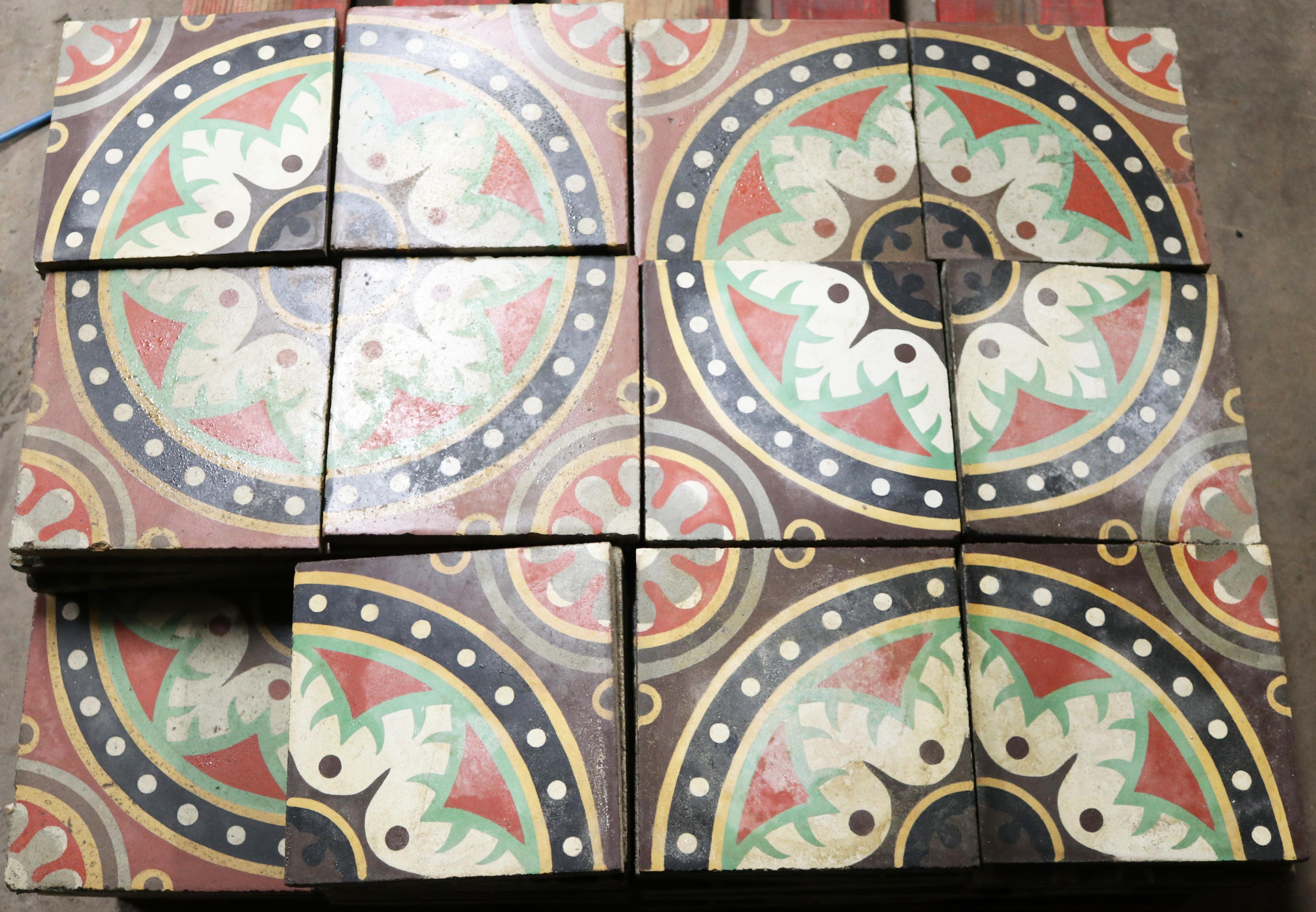 A set of 99 reclaimed encaustic cement tiles. These tiles will cover 3.96 m2 or 42 sq ft.

Condition report

Good overall condition. Small chips, losses and surface wear consistent with having been used and reclaimed. Traces of cement residue to