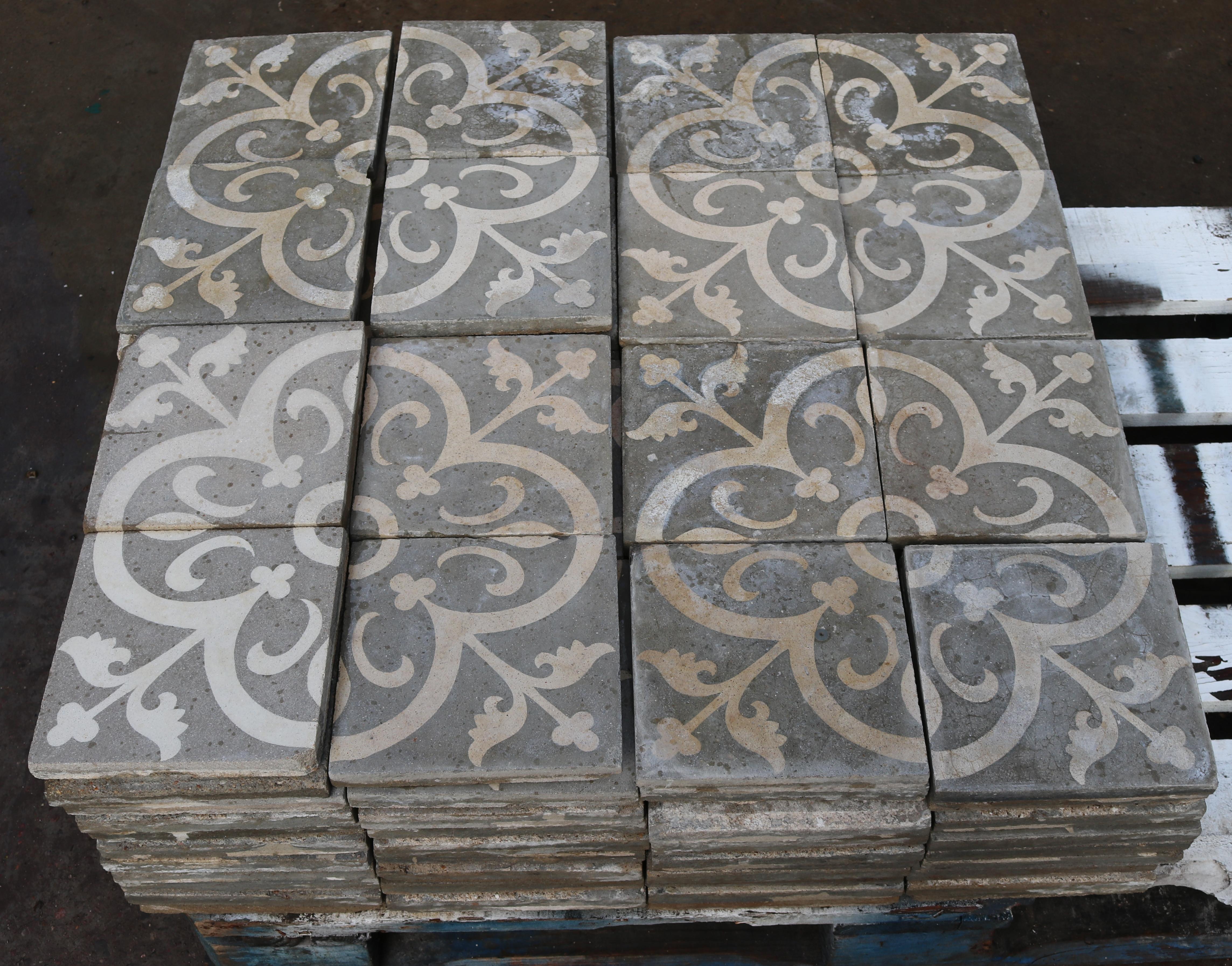 A set of 169 reclaimed encaustic cement tiles. These tiles will cover 6.76 m2 or 72 sq ft.

Condition report:

Good overall condition. Small chips, losses and surface wear consistent with having been used and reclaimed. Traces of cement residue