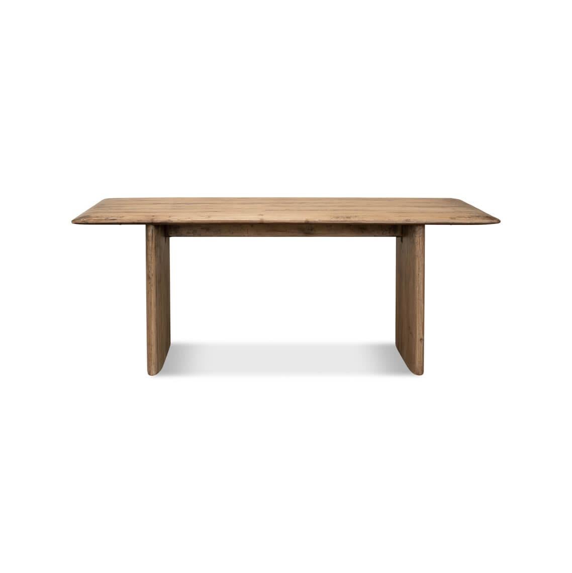 A harmonious blend of simplicity and warmth for your dining space. This table features a natural wood surface of reclaimed pine with a rich grain that tells its unique story. Its minimalist silhouette, characterized by clean lines and a thick,