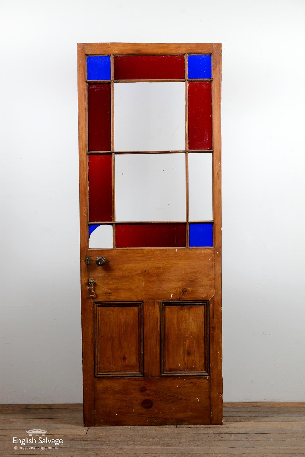 European Reclaimed Pine Red / Blue Glazed Door, 20th Century For Sale