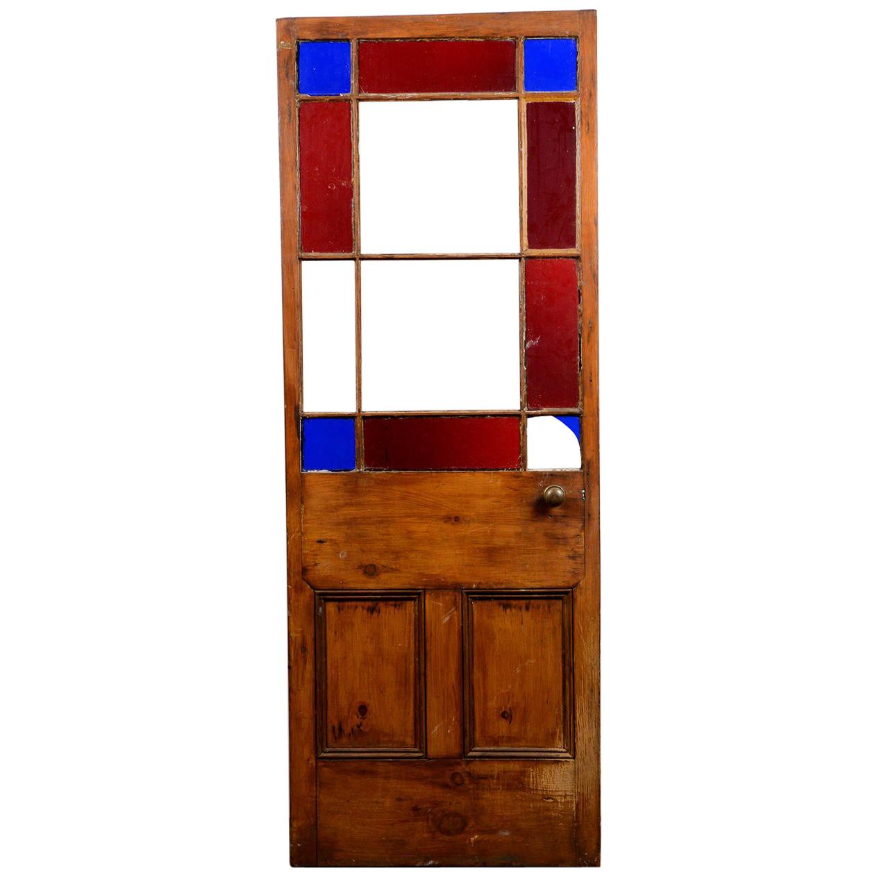 Reclaimed Pine Red / Blue Glazed Door, 20th Century For Sale