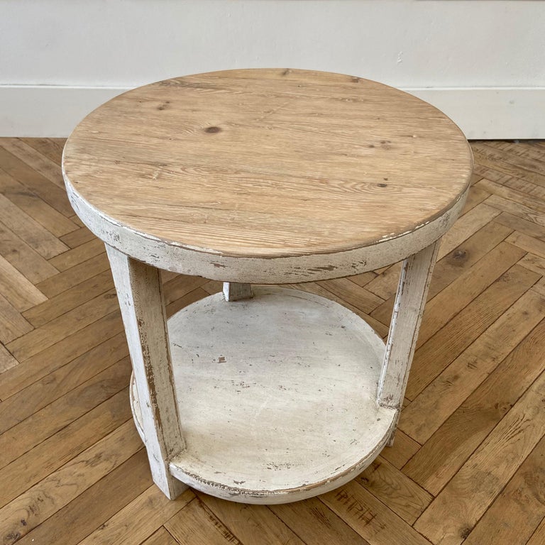 Reclaimed Pine Round Side Table with White Painted Legs For Sale at