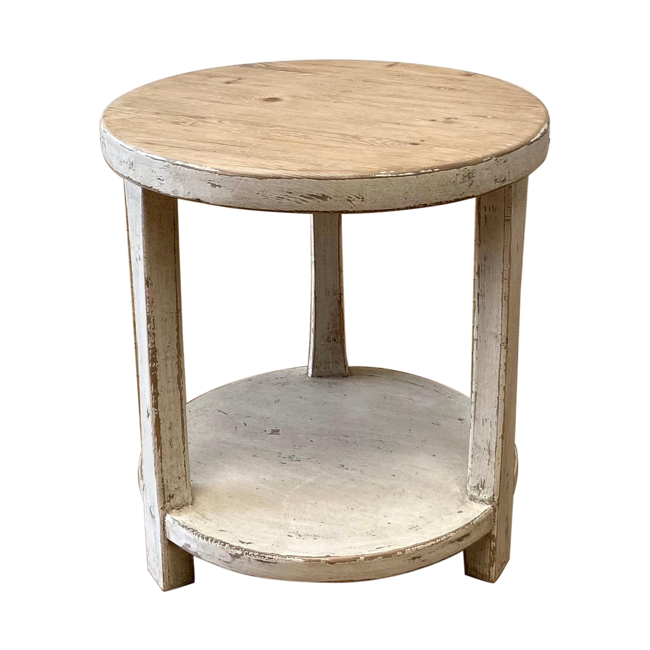 Reclaimed Pine Round Side Table with White Painted Legs For Sale