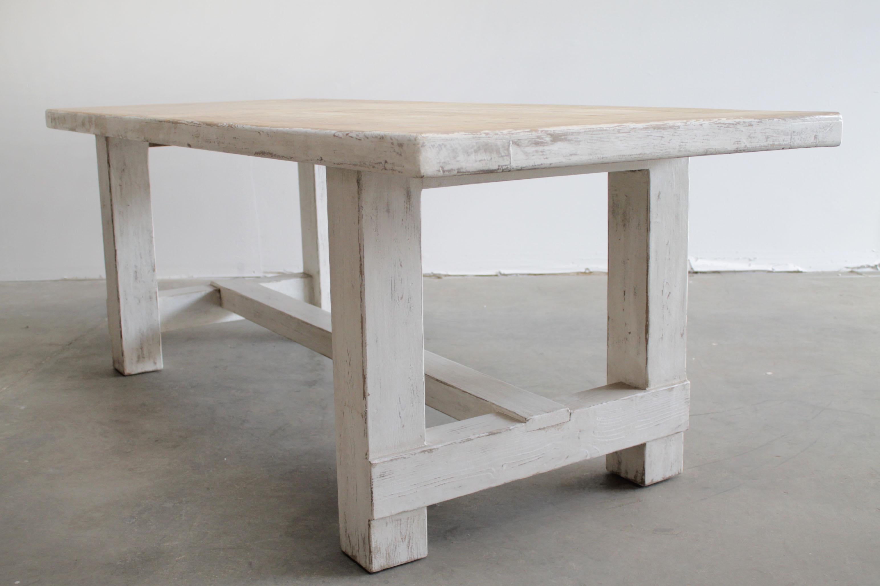 Reclaimed Pine Wood Dining Table with Distressed White Paint For Sale 3