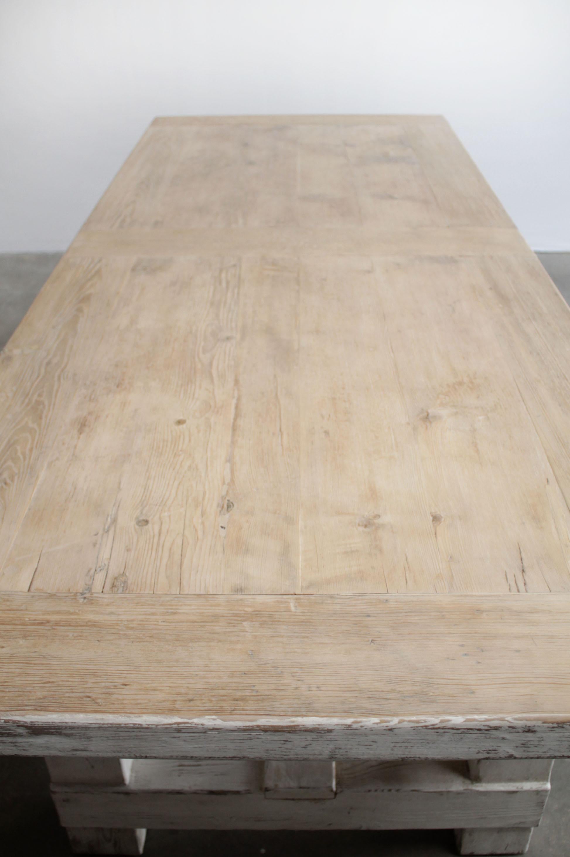 Reclaimed Pine Wood Dining Table with Distressed White Paint For Sale 6