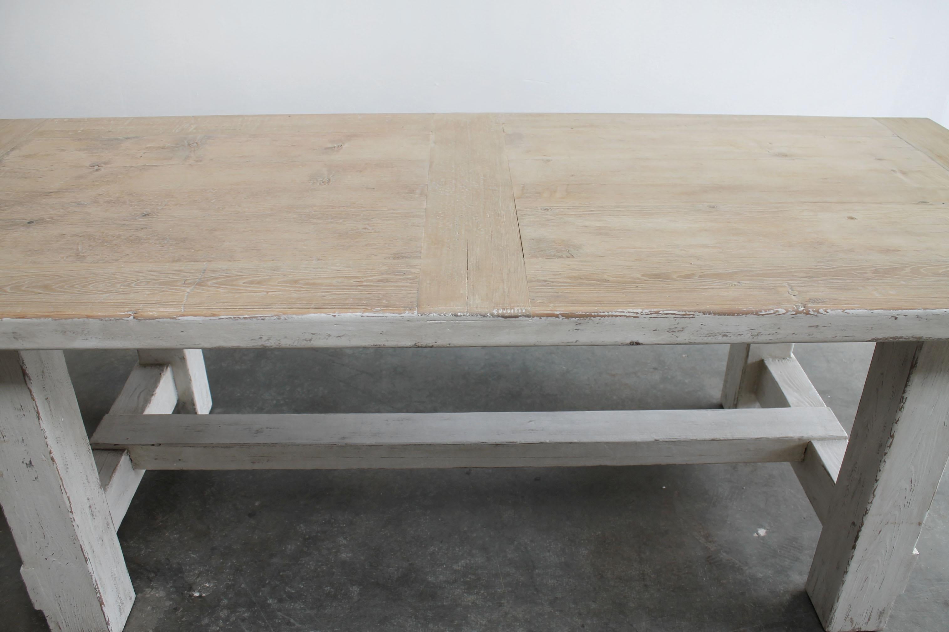 Reclaimed Pine Wood Dining Table with Distressed White Paint In New Condition For Sale In Brea, CA