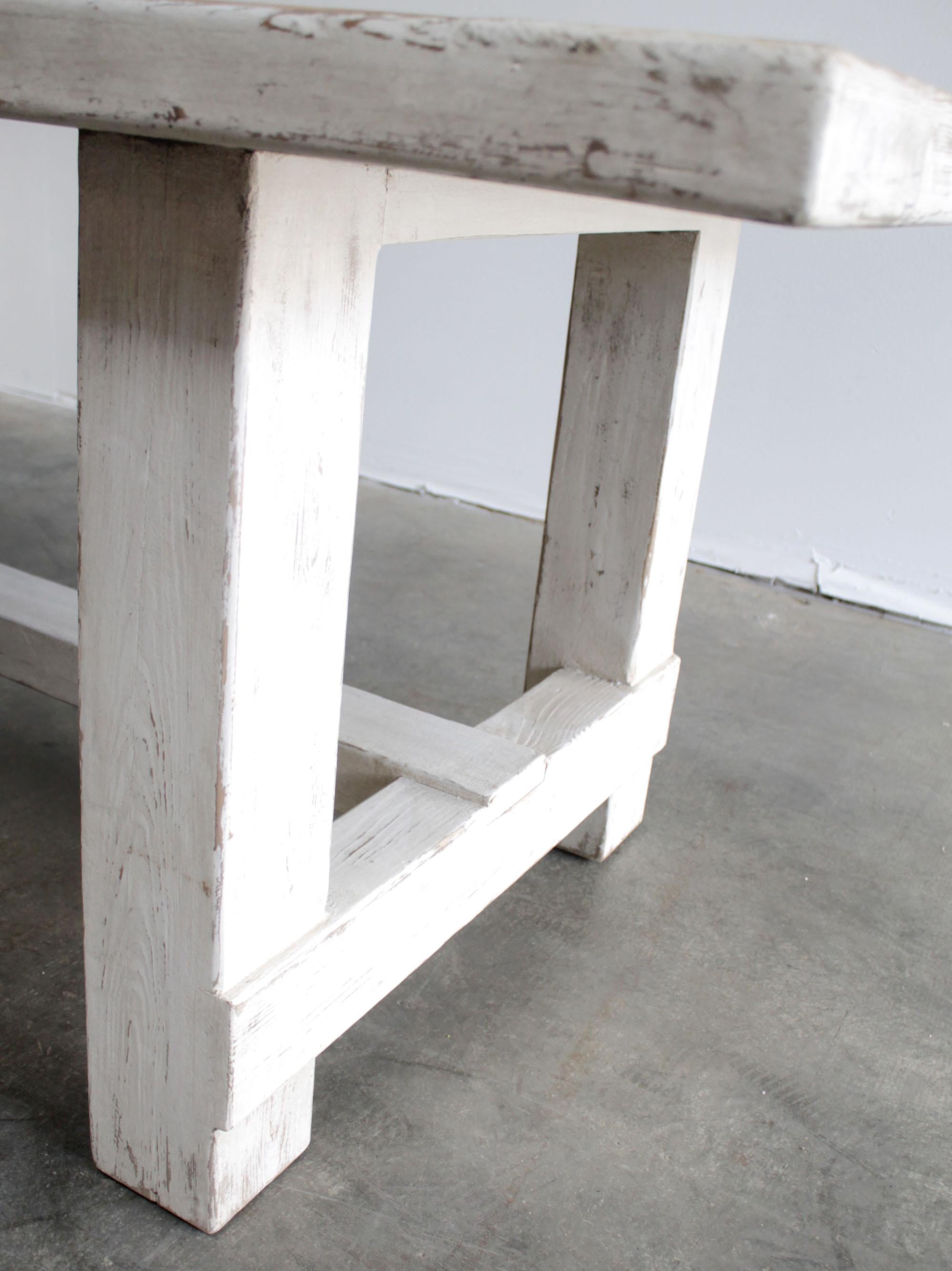 Reclaimed Pine Wood Dining Table with Distressed White Paint For Sale 1