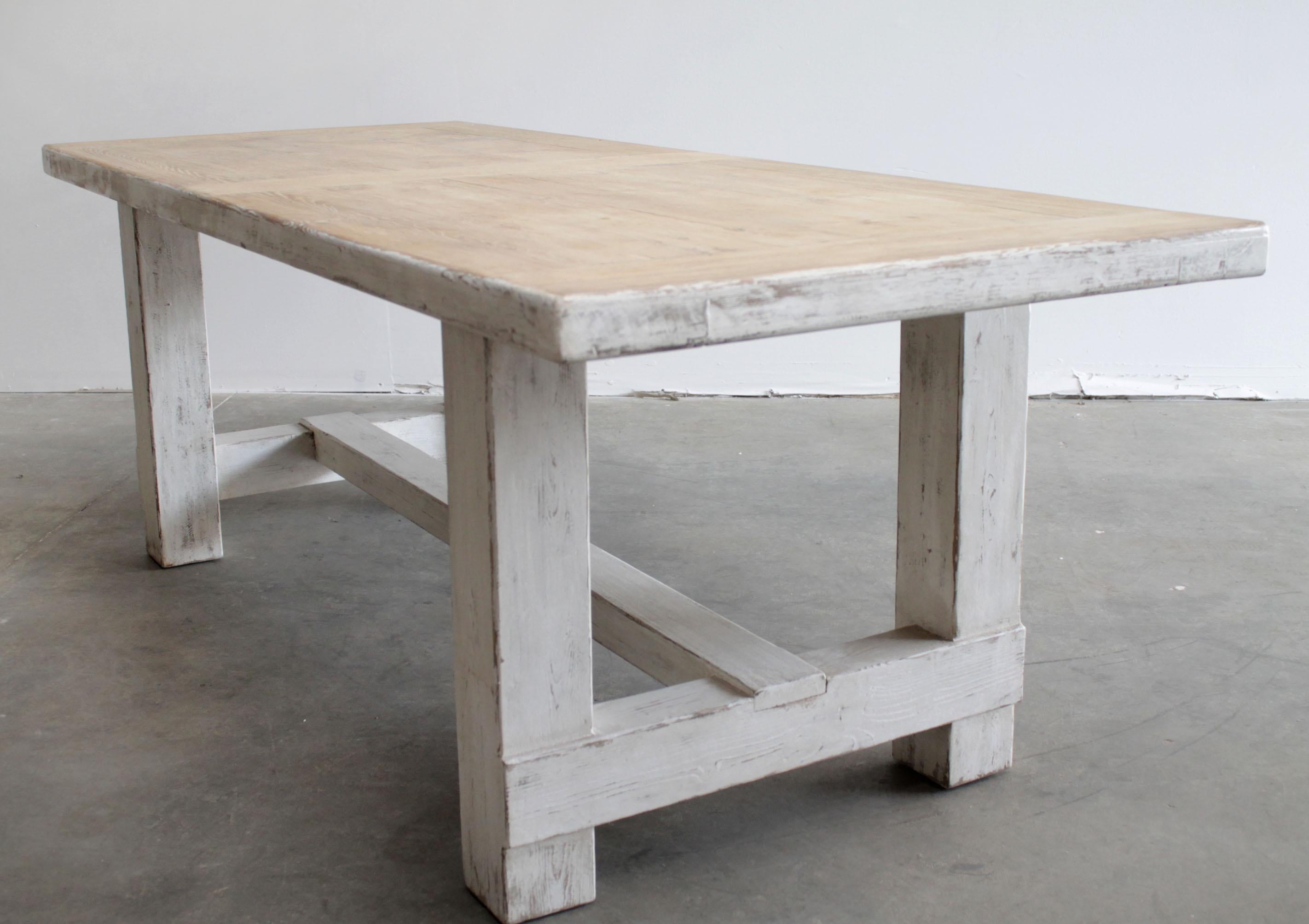 Reclaimed Pine Wood Dining Table with Distressed White Paint For Sale 2