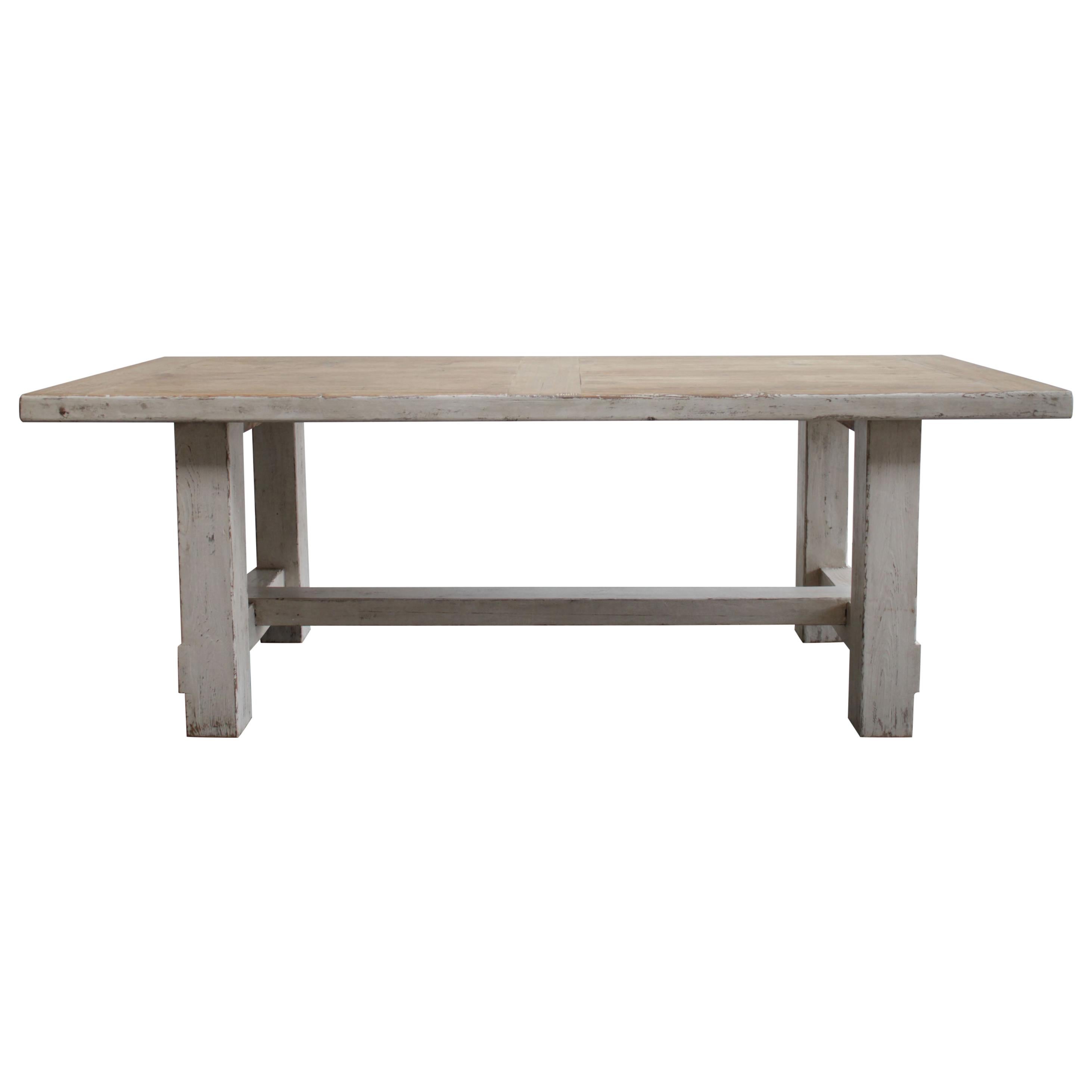 Reclaimed Pine Wood Dining Table with Distressed White Paint For Sale