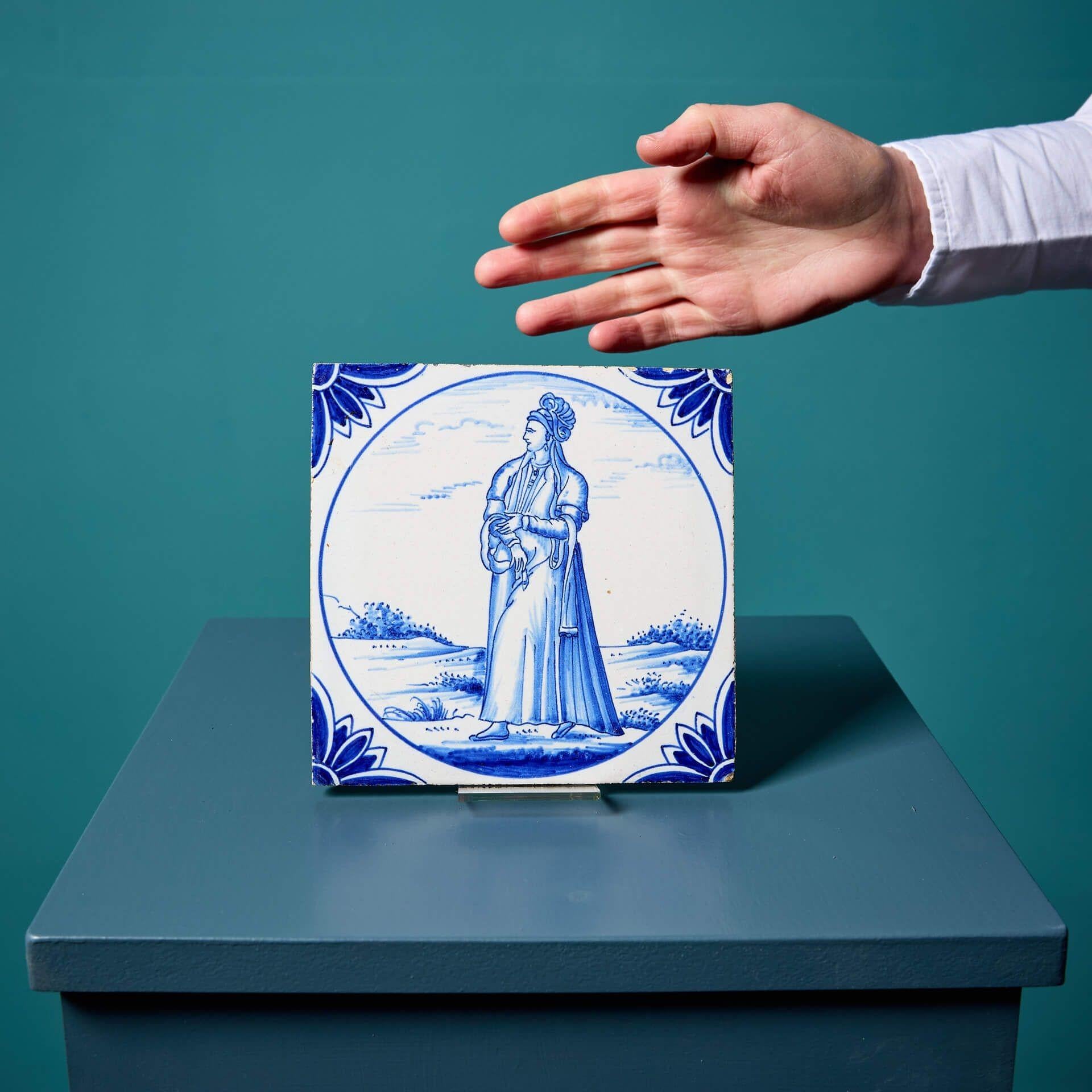 Georgian Reclaimed Ravesteijn Delft Tile of a Persian Lady For Sale