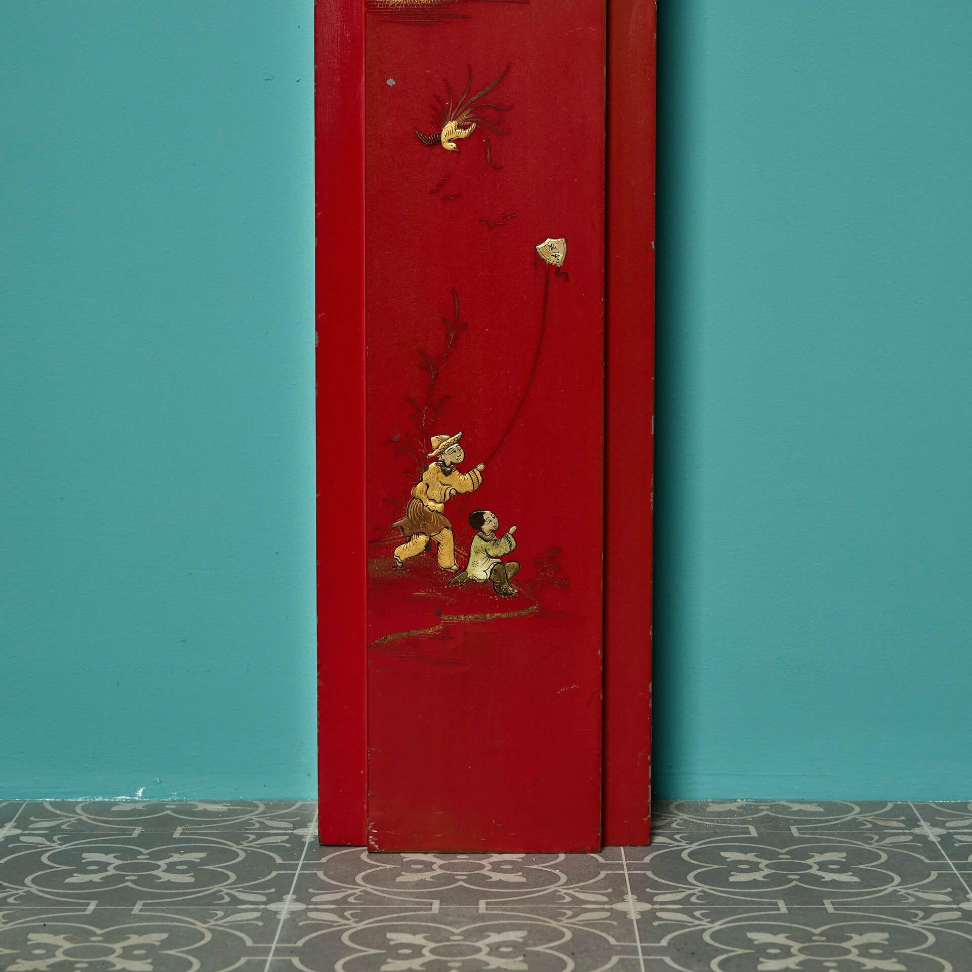 20th Century Reclaimed Red Chinoiserie Painted Fireplace For Sale