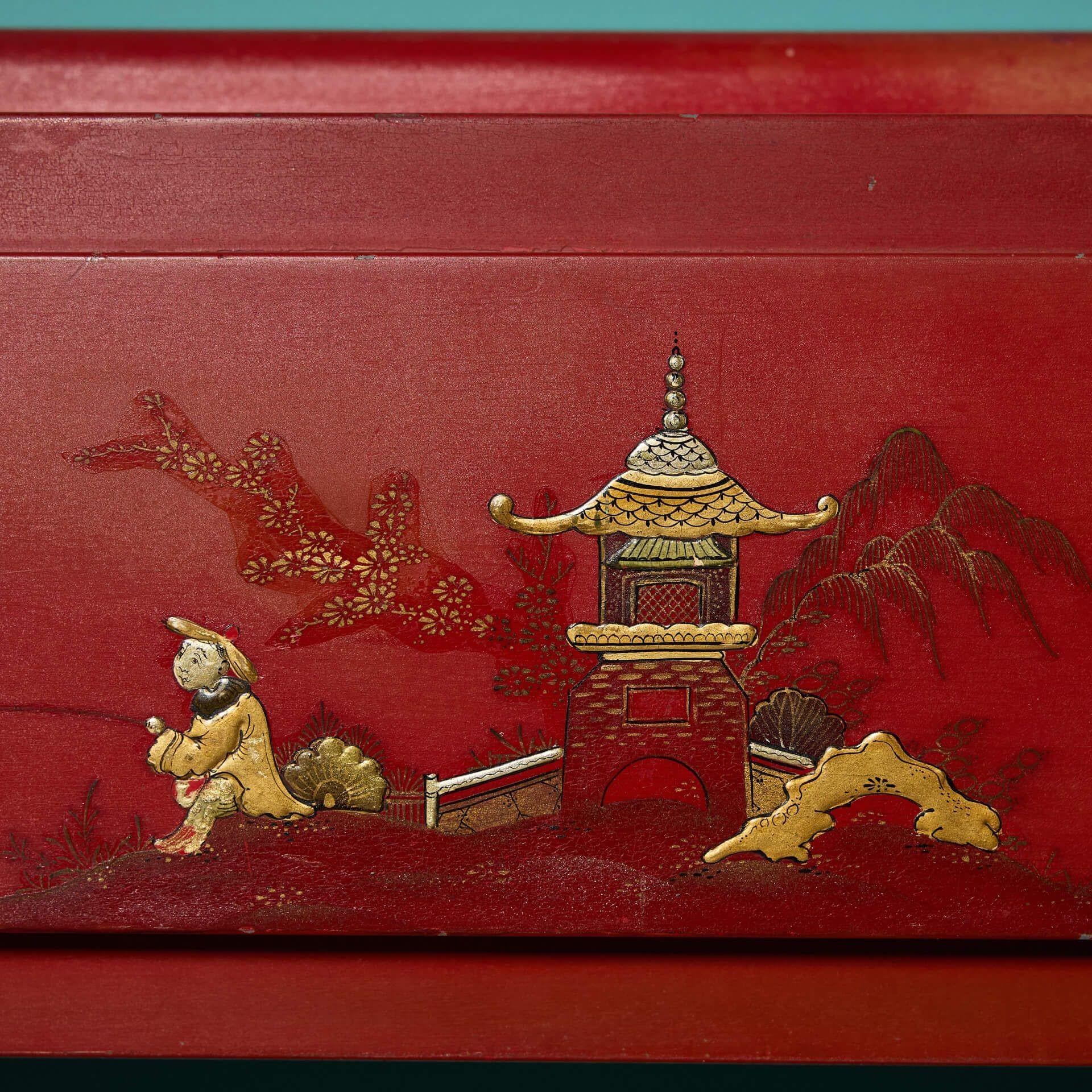 Mahogany Reclaimed Red Chinoiserie Painted Fireplace For Sale