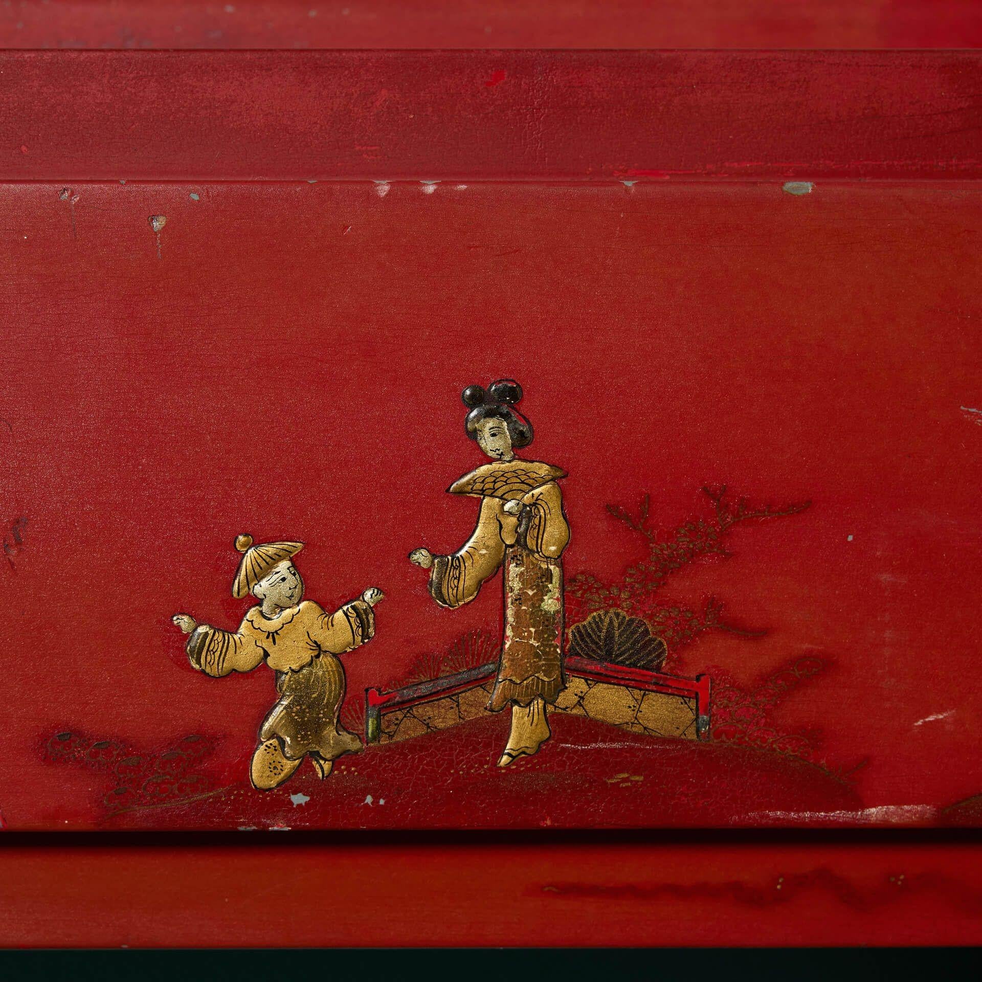 Reclaimed Red Chinoiserie Painted Fireplace For Sale 1