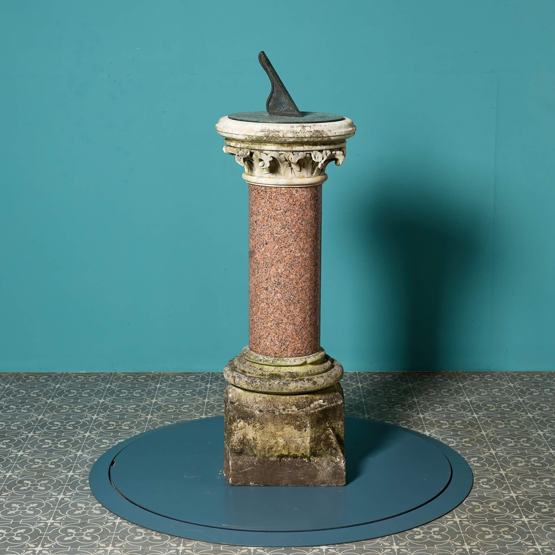 Reclaimed Red Granite Sundial with Negretti & Zambra Dial Plate For Sale 3