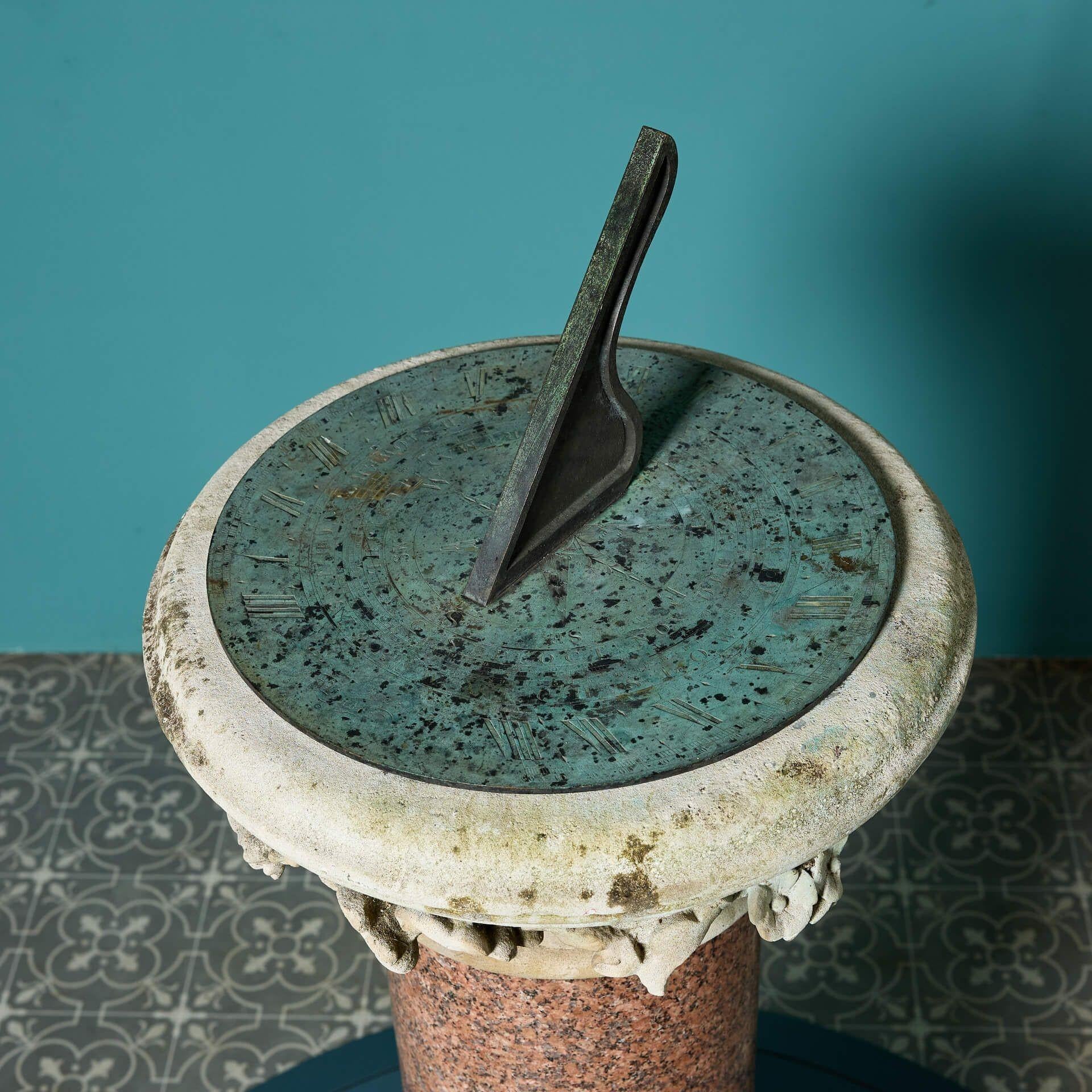Reclaimed Red Granite Sundial with Negretti & Zambra Dial Plate In Fair Condition For Sale In Wormelow, Herefordshire