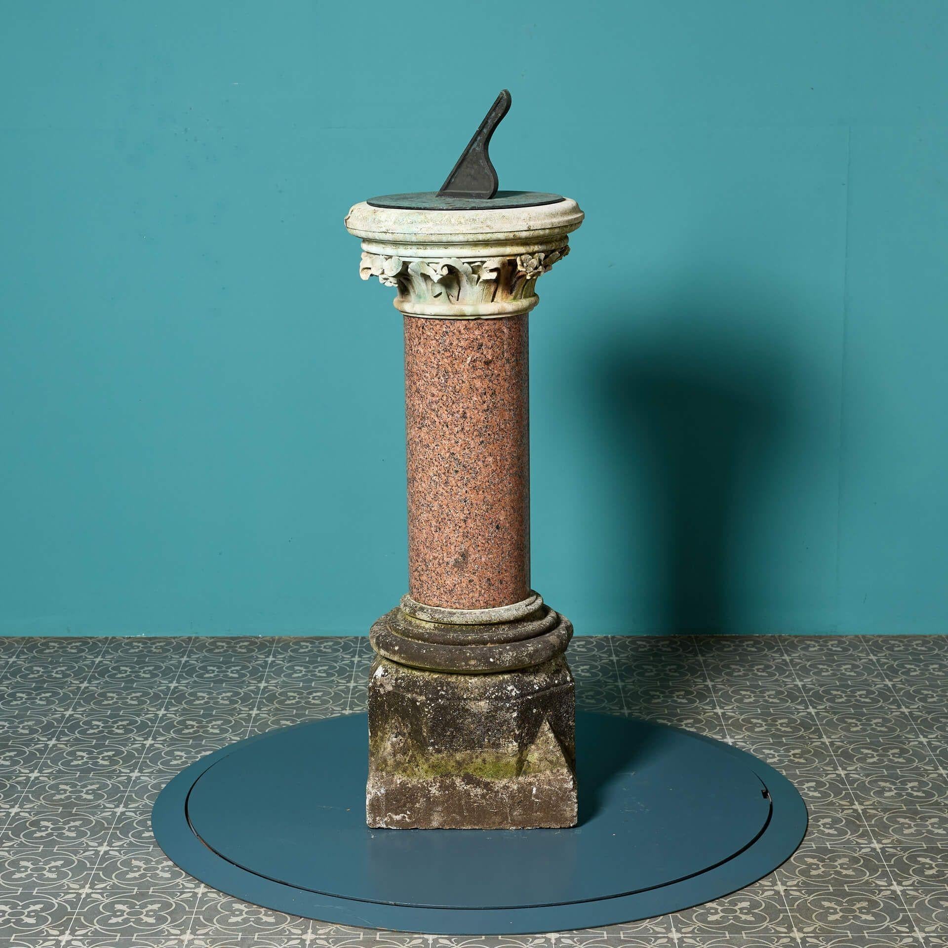 Reclaimed Red Granite Sundial with Negretti & Zambra Dial Plate For Sale 1