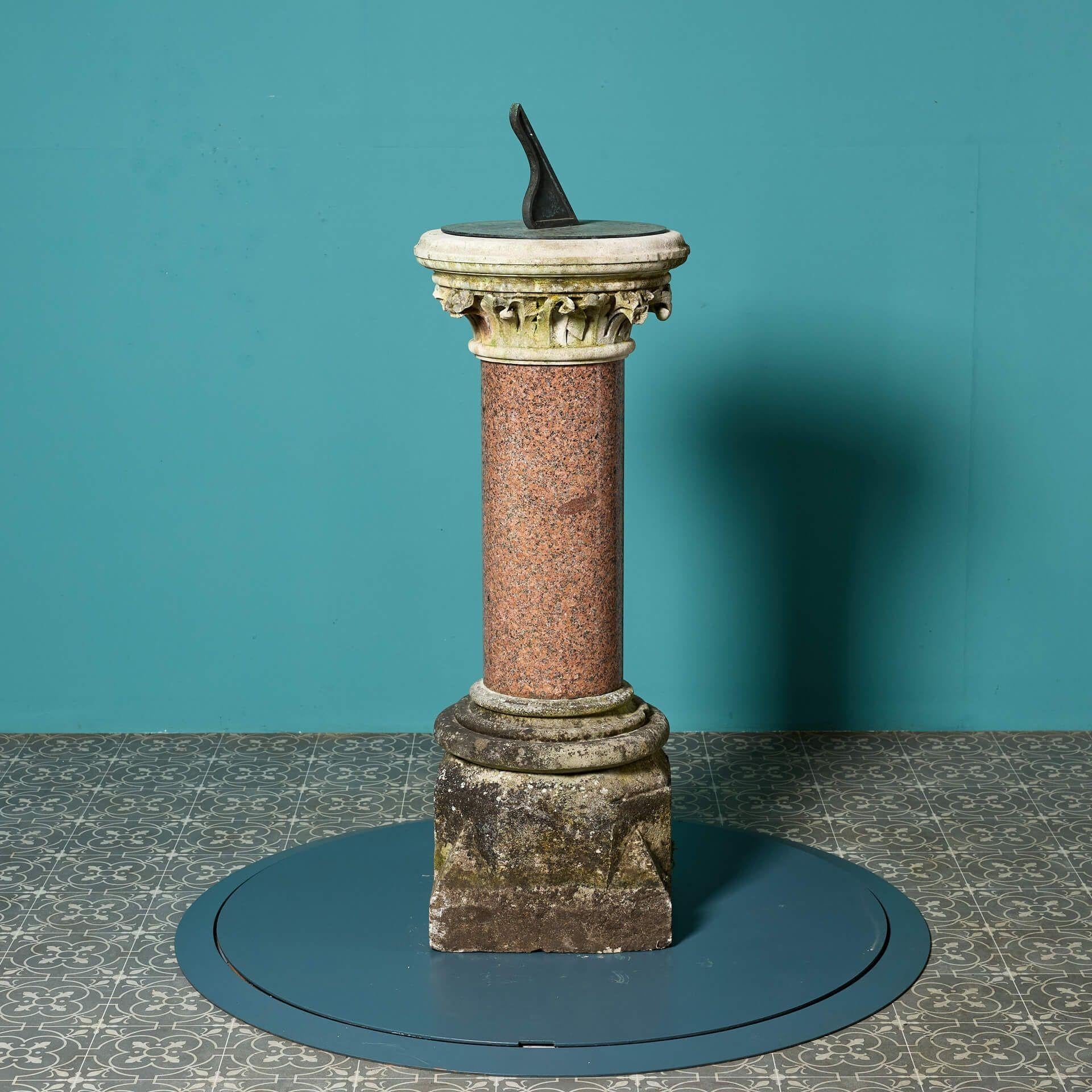 Reclaimed Red Granite Sundial with Negretti & Zambra Dial Plate For Sale 2