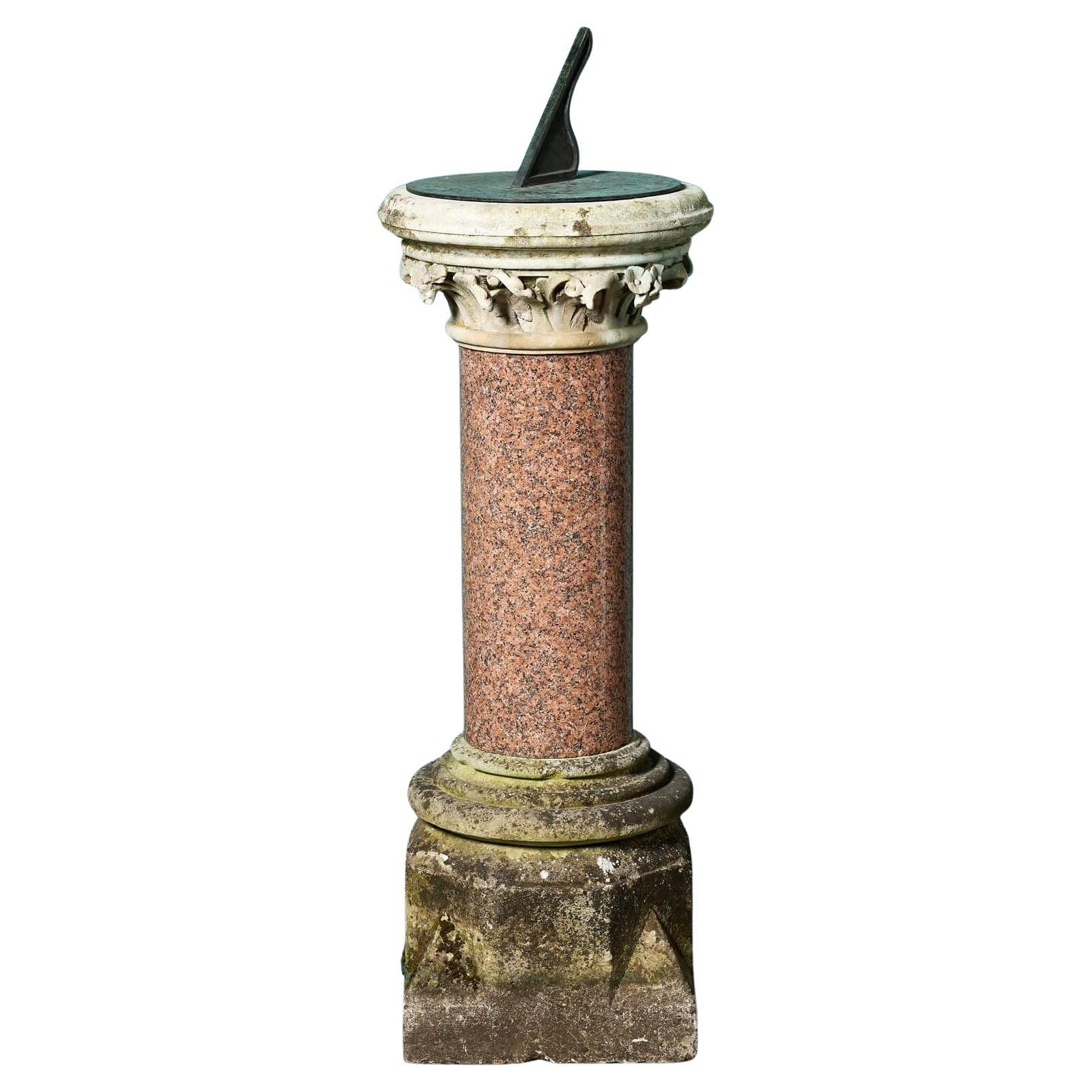 Reclaimed Red Granite Sundial with Negretti & Zambra Dial Plate For Sale