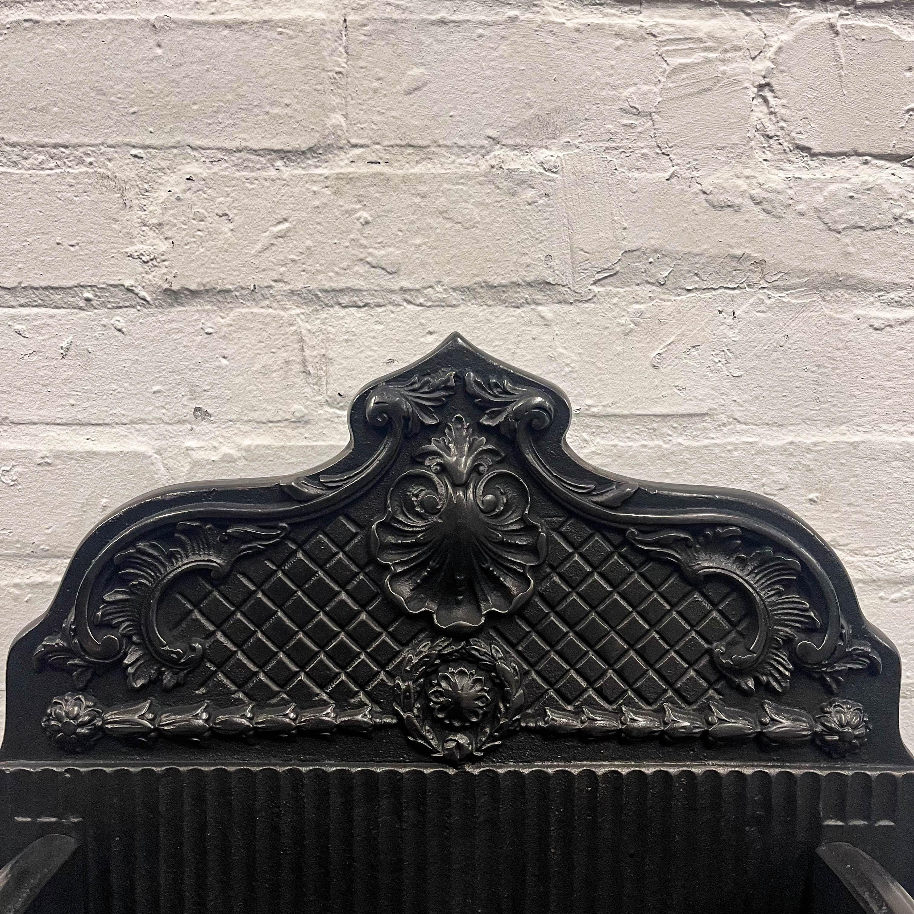 Reclaimed Rococo Cast Iron Fire Basket with Finials In Good Condition For Sale In Ware, GB