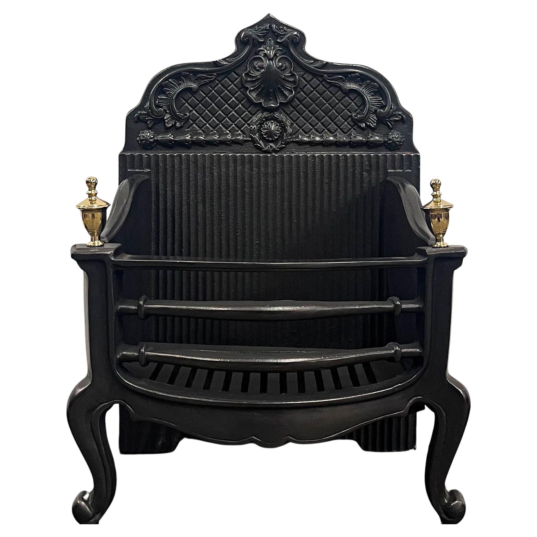 Reclaimed Rococo Cast Iron Fire Basket with Finials For Sale