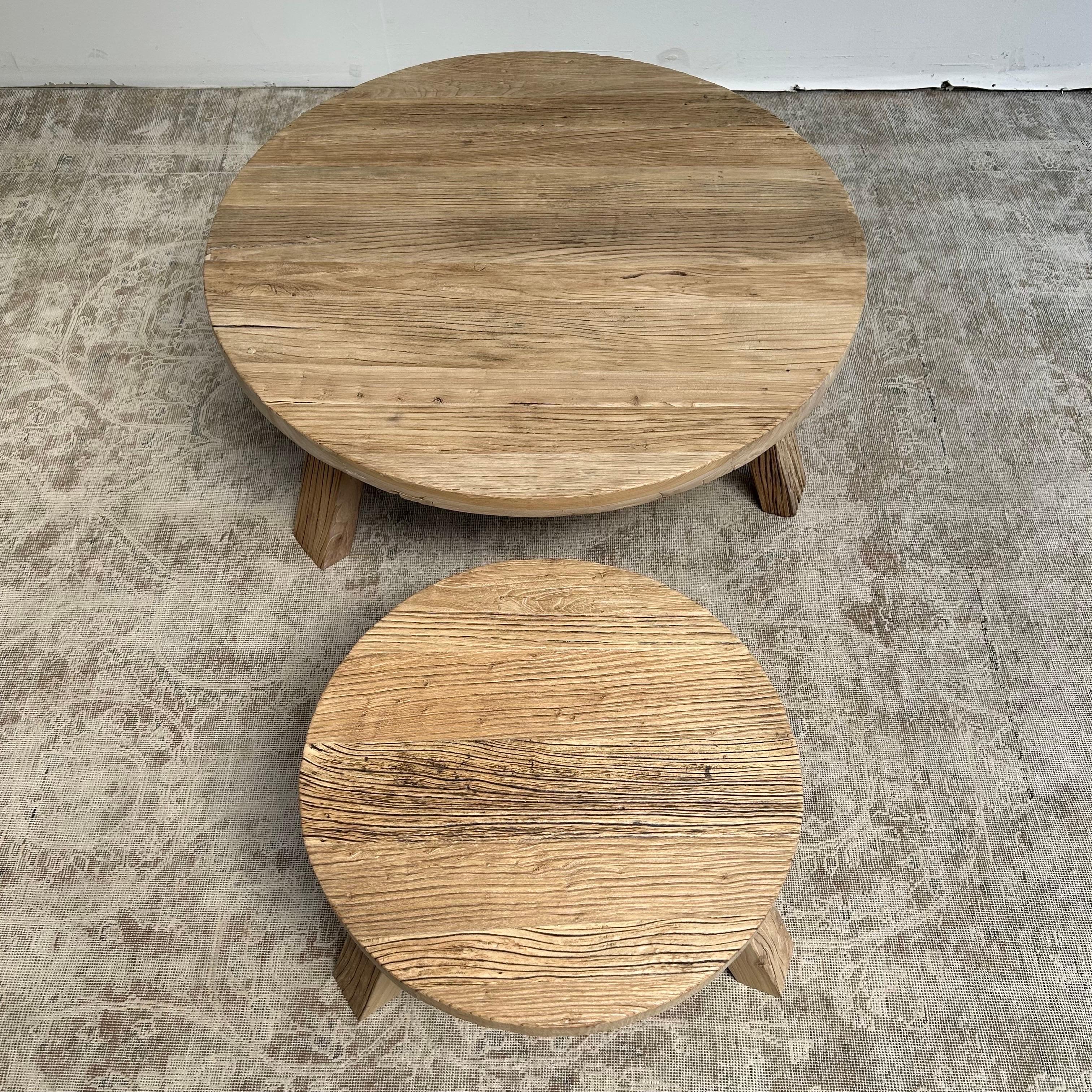 Reclaimed Round Elm Wood Coffee Table Set 5