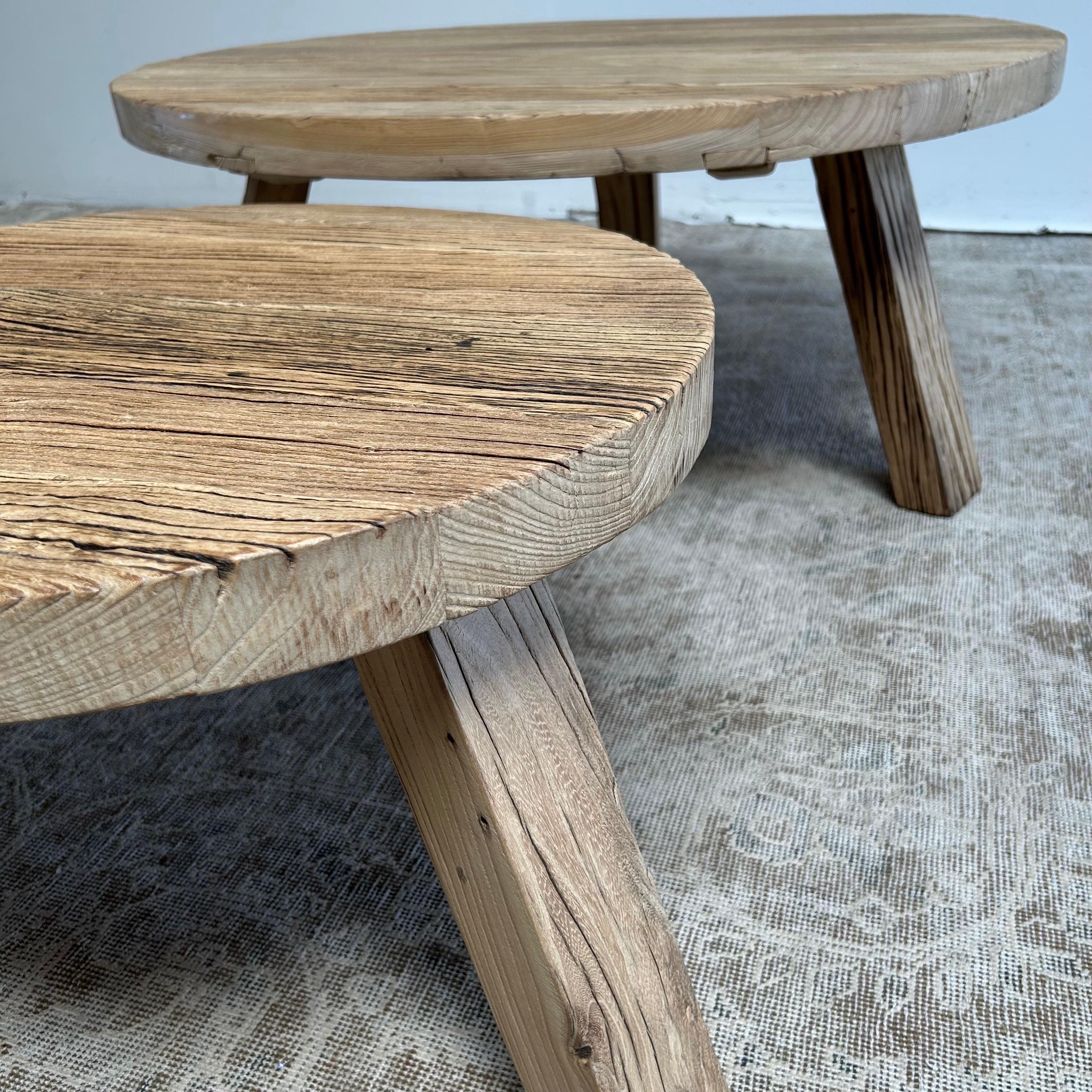 Reclaimed Round Elm Wood Coffee Table Set 6